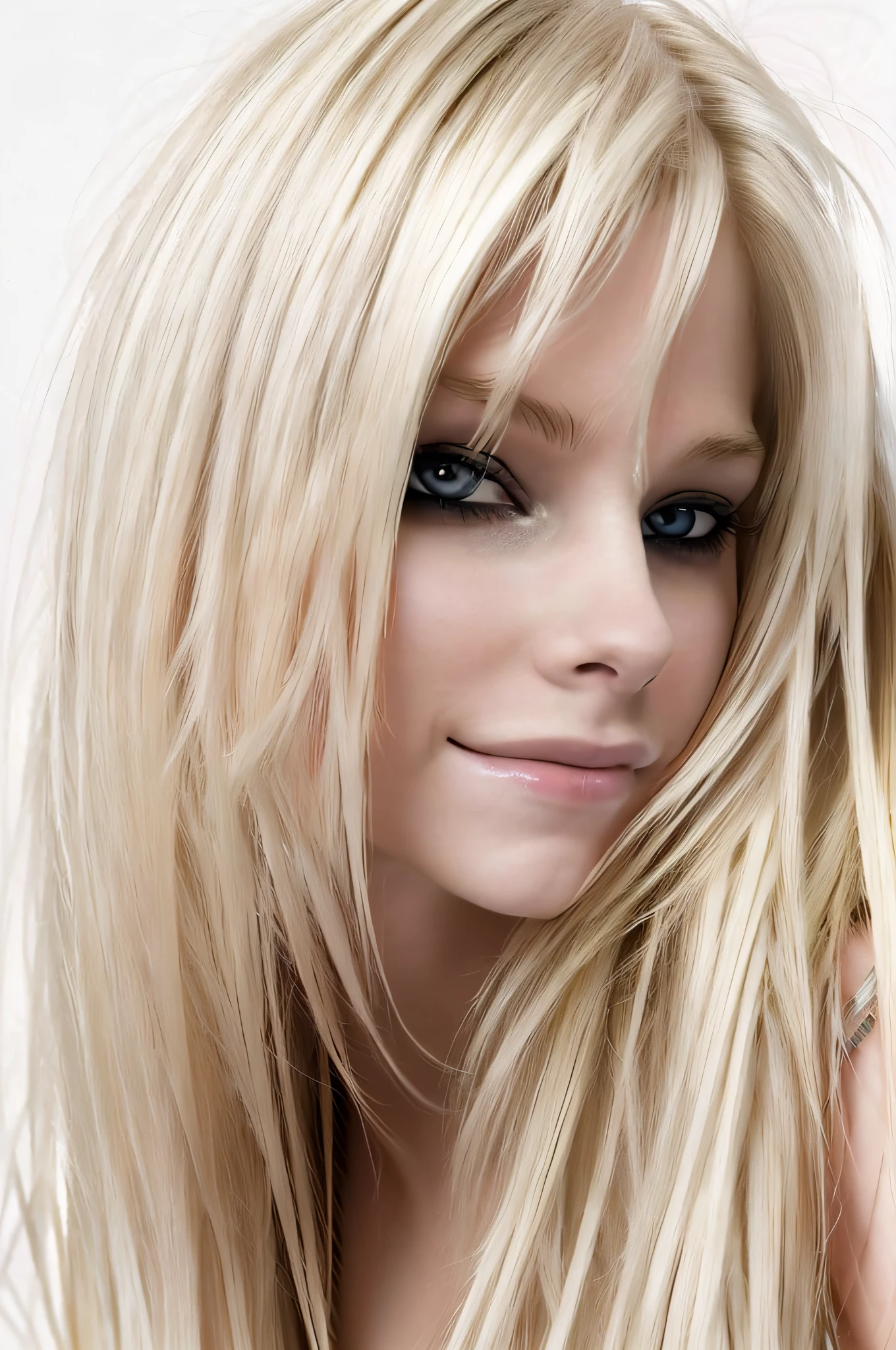 masterpiece, high quality, high definition, high contrast, a close photo from the side of Avril Lavigne, blonde, long hair, pants, topless, smile, ((White bright background:1.1)), high contrast, studio lights, professional