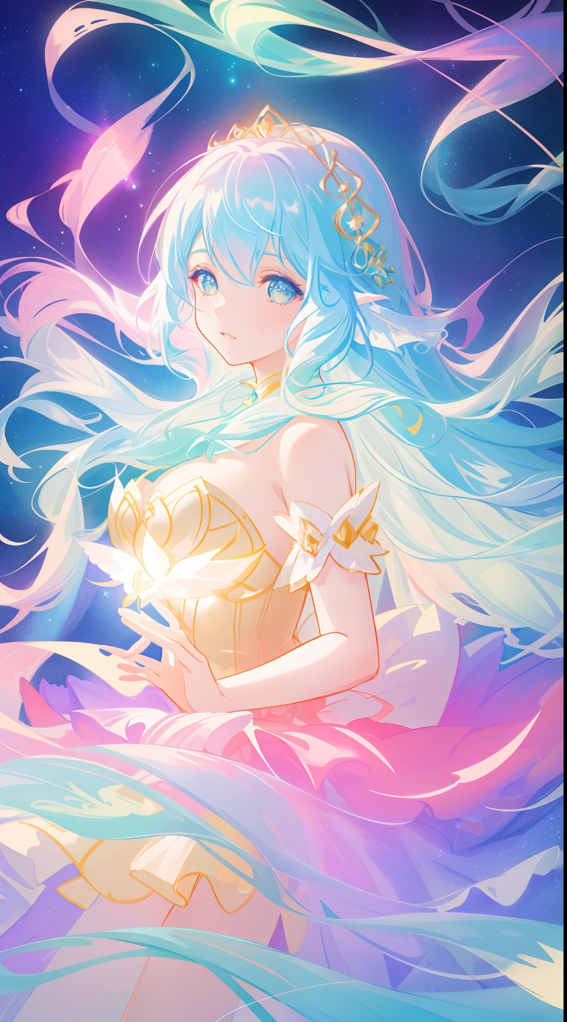 beautiful girl, puffy tiered ballgown, vibrant pastel colors, (colorful), glowing golden long hair, magical lights, sparkling magical liquid, inspired by Glen Keane, inspired by Lois van Baarle, disney art style, by Lois van Baarle, glowing aura around her, by Glen Keane, jen bartel, glowing lights! digital painting, flowing glowing hair, glowing flowing hair, beautiful digital illustration, fantasia background, whimsical, magical, fantasy, ((beautiful face)), ((masterpiece, best quality)), intricate details, highly detailed, sharp focus, 8k resolution, sparkling detailed eyes, liquid watercolor