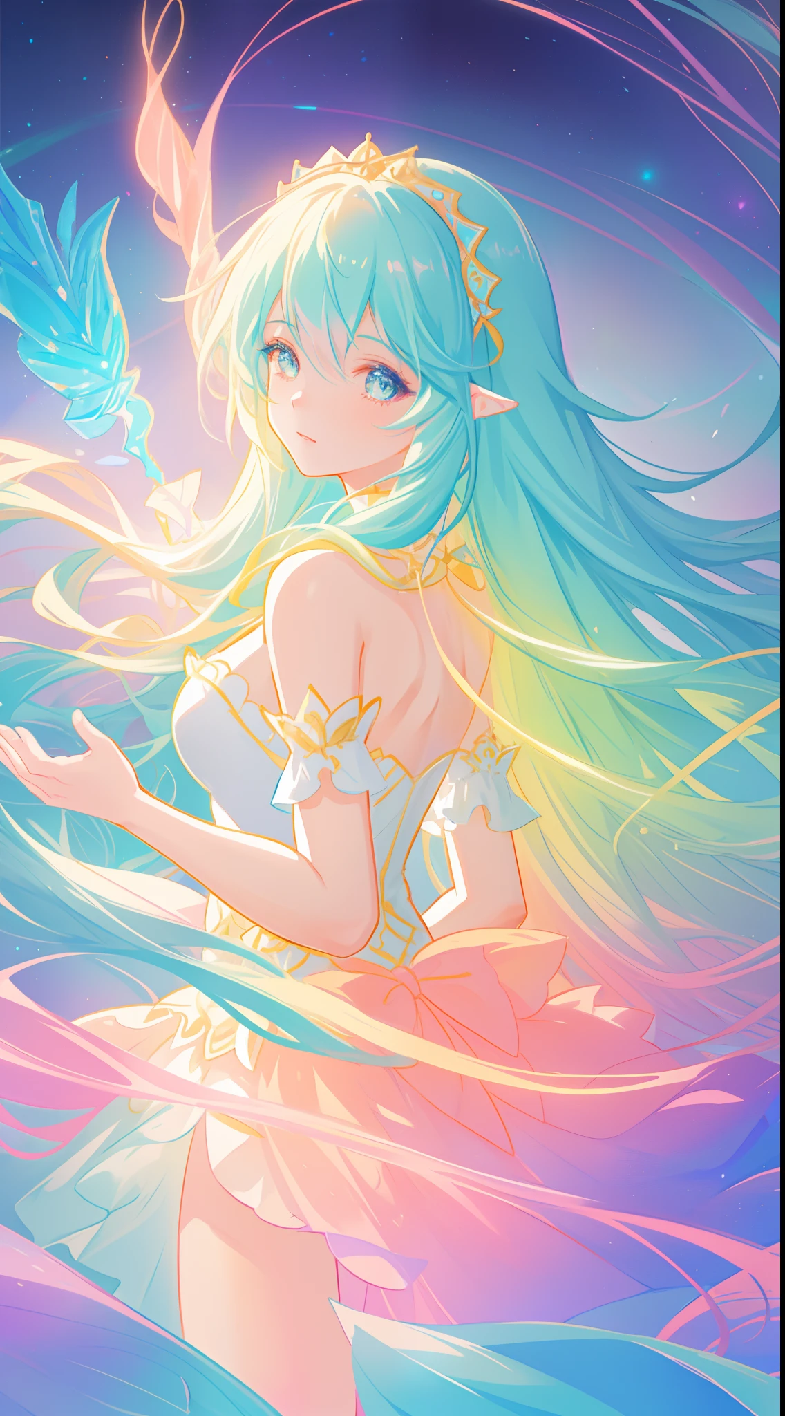 beautiful girl, puffy tiered ballgown, vibrant pastel colors, (colorful), glowing golden long hair, magical lights, sparkling magical liquid, inspired by Glen Keane, inspired by Lois van Baarle, disney art style, by Lois van Baarle, glowing aura around her, by Glen Keane, jen bartel, glowing lights! digital painting, flowing glowing hair, glowing flowing hair, beautiful digital illustration, fantasia background, whimsical, magical, fantasy, ((beautiful face)), ((masterpiece, best quality)), intricate details, highly detailed, sharp focus, 8k resolution, sparkling detailed eyes, liquid watercolor
