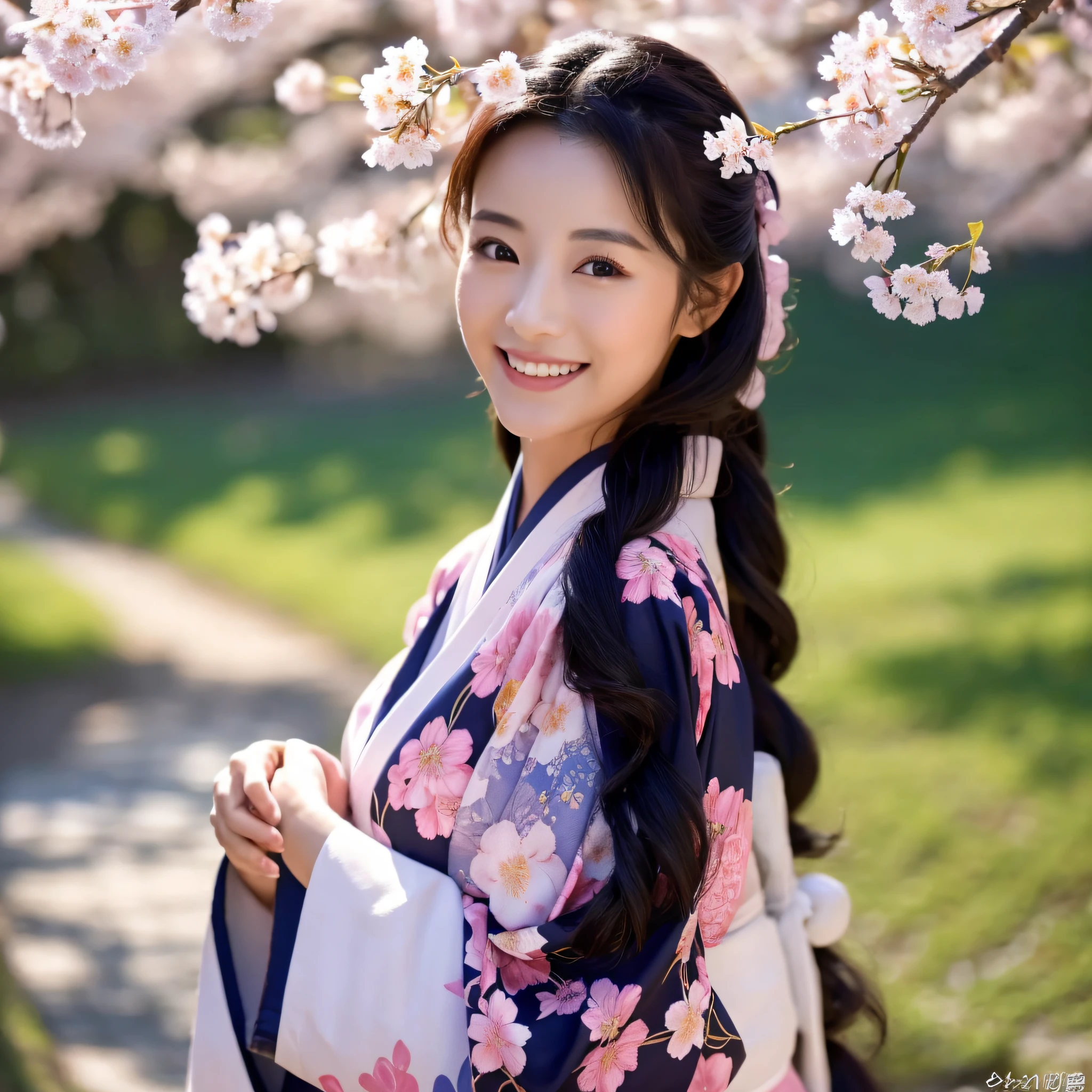 (Super beautiful woman in kimono)、((best qualtiy、8k masterpieces:1.3))、foco nítido:1.2、(ultra beautiful faces:1.0)、(shinny skin:1.0)、photos realistic、A dark-haired、Video Lighting、High-definition eyes and face、Video Lighting、Japanese actressl、from the front side、medium breasts、With a happy smile、Slender Abs Beauty、Whole body、wearing kimonos、On a hill with dancing cherry blossoms