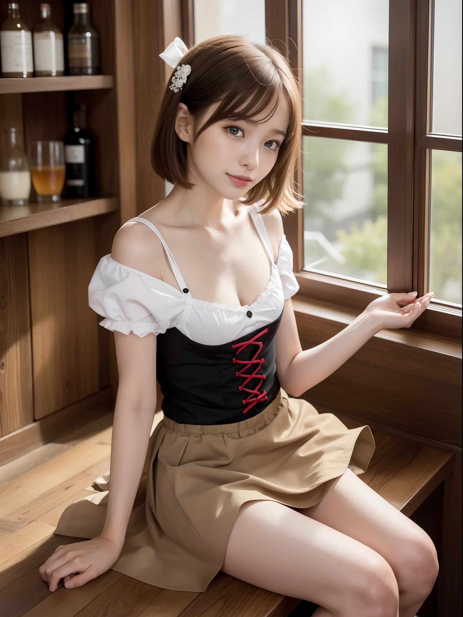 ((of the highest quality, 8K, masutepiece: 1.3, Raw photo)), Sharp Focus: 1.2, (1 AESPA Girl :1.1), Solo, (Realistic, Photorealistic: 1.37), (Face Focus: 1.1), Cute face, hyperdetailed face, (short messy hair: 1.2), Small Smile, Small breasts, flat chest, nude, (dirndl: 1.5), ((ruffle-skirt, multilayer-skirt):1.32), (rolling up skirt, show panties :1.1), wind, Thigh, cafe, bar, lily
