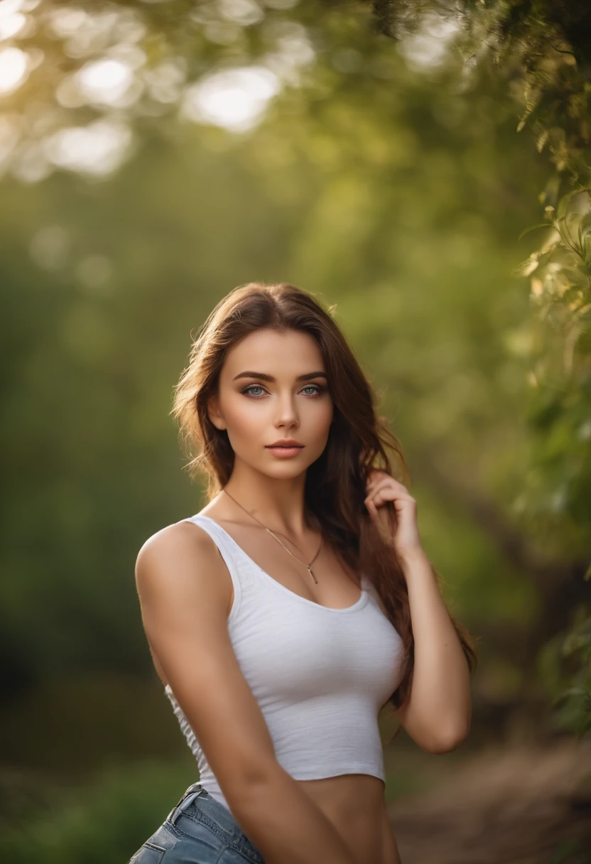 arafed woman with a necklace, large breasts, out running, morning in the forest, white countertop, sexy girl with green eyes, portrait sophie mudd, brown hair and large eyes, selfie of a young woman, bedroom eyes, violet myers, without makeup, natural makeup, looking directly at the camera, face with artgram, subtle makeup, stunning full body shot, piercing green eyes, beautiful angle, attractive pose, cute girl, sexy pose, full body picture, full body, full body shoot, brunette goddess, high detail, satisfied pose, wearing only a blue bucket hat, average breasts, (beautiful detailed face, beautiful detailed eyes), (naked), glow, sweat, (sunbeam, sunlight), (nsfw:1.5)