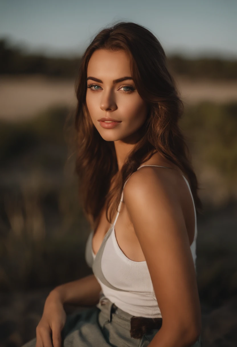 arafed woman with a white tank top and a necklace, lying at the beach, sexy girl with green eyes, portrait sophie mudd, brown hair and large eyes, selfie of a young woman, bedroom eyes, violet myers, without makeup, natural makeup, looking directly at the camera, face with artgram, subtle makeup, stunning full body shot, piercing green eyes, beautiful angle, attractive pose, cute girl, sexy pose, full body picture, full body, full body shoot, brunette goddess, high detail, satisfied pose, wearing grey skirt and boots, skirt, boots in a park with trees in the background