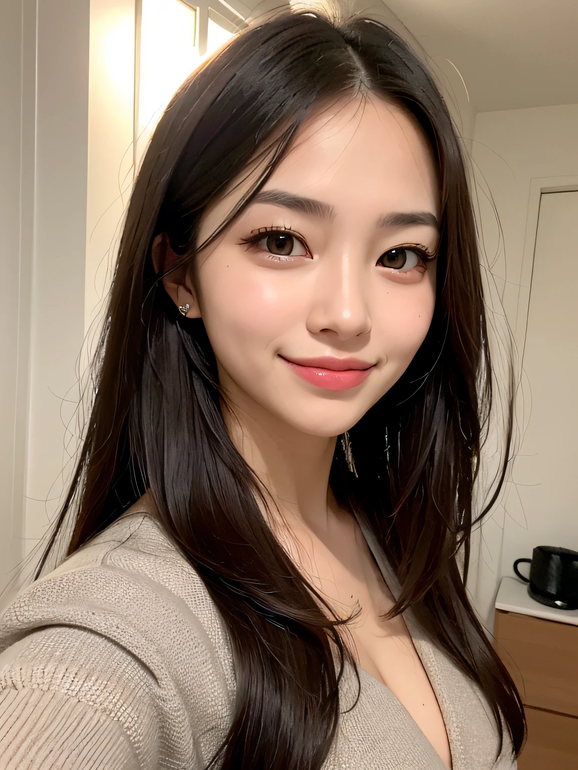 (best quality,8k,highres,masterpiece:1.2), realistic, photorealistic:1.37, UHD, studio lighting, sharp focus, extreme detail description, professional, vivid colors, bokeh, portraits, extremely detailed face texture, beautiful detailed eyes, beautiful detailed lips, extremely detailed hair, dark colored hair, youthful appearance, big round breast, cleavage, proportional eyes, seducing smile, clean and natural face, no makeup, bare face, indonesian face,
