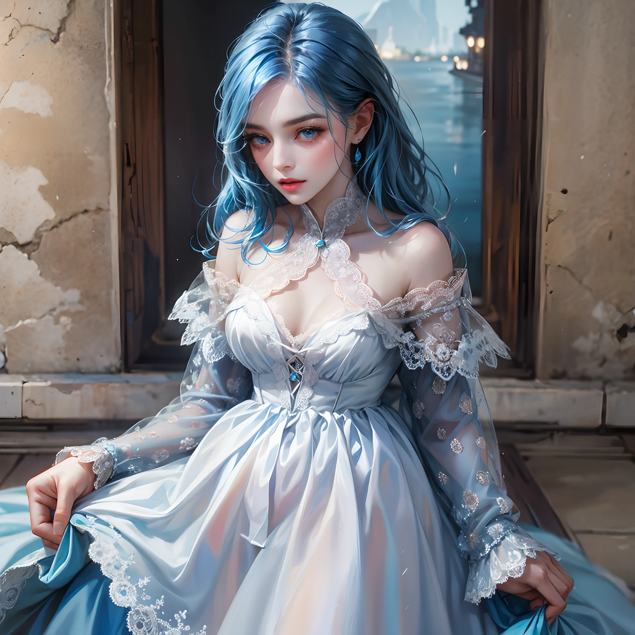 a women, blue hair, blue eyes, white dress