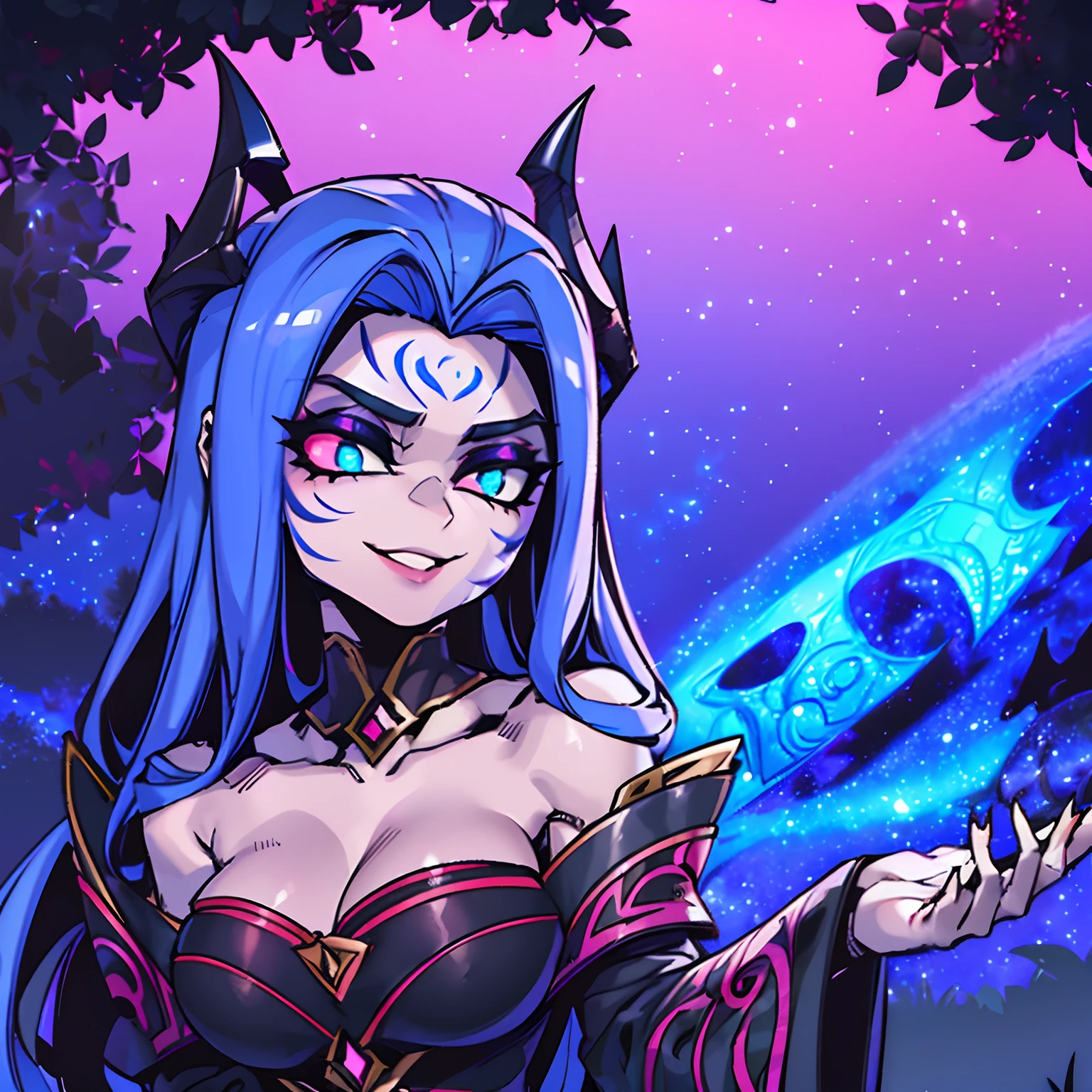 (a blue-haired demon woman,spells:1.1,glowing:1.1)(illustration)(best quality,ultra-detailed,realistic:1.37),demonic witch(demonic:1.1)(magic:1.1)(forest)(dark and mysterious,ominous atmosphere),casting powerful spells,creating magical energy(magic:1.1),vibrant pink hair(swirling pink hair)(flowing pink hair),horns(devil horns:1.1),piercing red eyes,enchanted scepter(magical scepter),elaborate dark robe,glowing magical sigils,fiery embers swirling(magical embers:1.1)(glowing embers),magical aura(glowing aura),eerie shadows,otherworldly presence(presence),sinister smile,nightfall in the background(dark night:1.1)(moonlit forest),lush and dense foliage(twisted trees)(mystical plants:1.1),mystical particles(swirling particles)(floating particles),ethereal glow(ethereal:1.1)(soft glow),faint moonlight breaking through the trees,haunting and captivating(scary atmosphere),bewitching beauty,wide range of colors(vivid colors)(contrasting colors),mystical realm,impressive details,dynamic composition,mesmerizing artwork,photorealistic style(picasso style),impressive shading and lighting,explosive energy,magical atmosphere(fantasy atmosphere),dreamlike scene