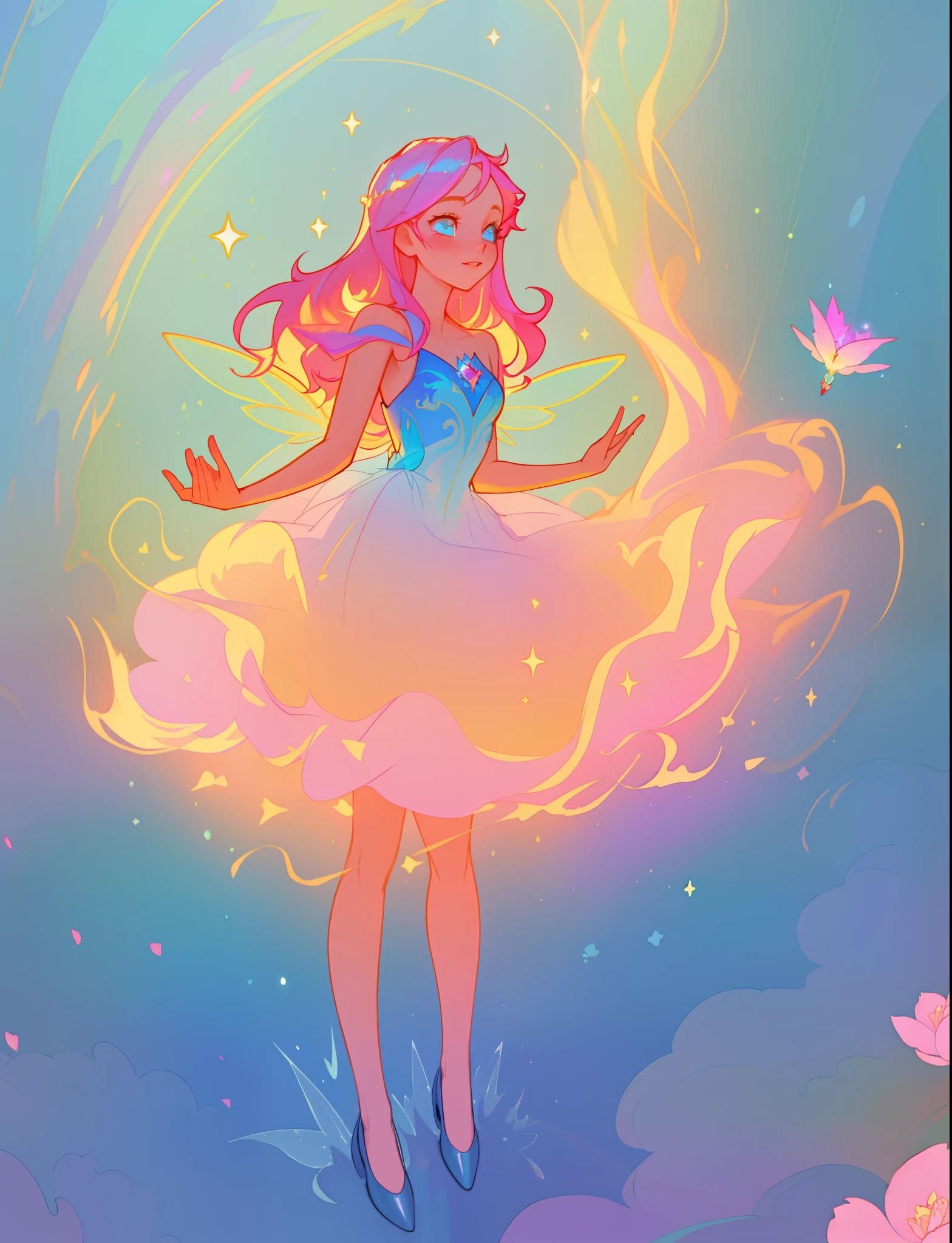 beautiful girl, tiered flower fairy dress, fairy queen, fairy wings, pixie gown, vibrant pastel colors, (colorful), glowing golden long hair, magical lights, sparkling magical liquid, inspired by Glen Keane, inspired by Lois van Baarle, disney art style, by Lois van Baarle, glowing aura around her, by Glen Keane, jen bartel, glowing lights! digital painting, flowing glowing hair, glowing flowing hair, beautiful digital illustration, fantasia background, whimsical, magical, fantasy, ((beautiful face)), ((masterpiece, best quality)), intricate details, highly detailed, sharp focus, 8k resolution, sparkling detailed eyes, liquid watercolor