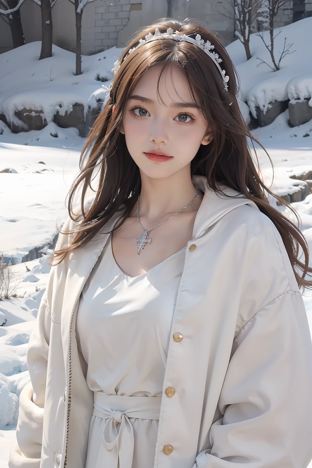 High detail CG,rich details,A world of ice and snow in the sun,Ice edge,Snow-covered castle,Dress normally,white clothes,The outside is covered with a white plush coat,Cross your arms,s girl,Wear an exaggerated necklace,Brown hair long,The sun shines on the body,glowing white,The art of clocking in,