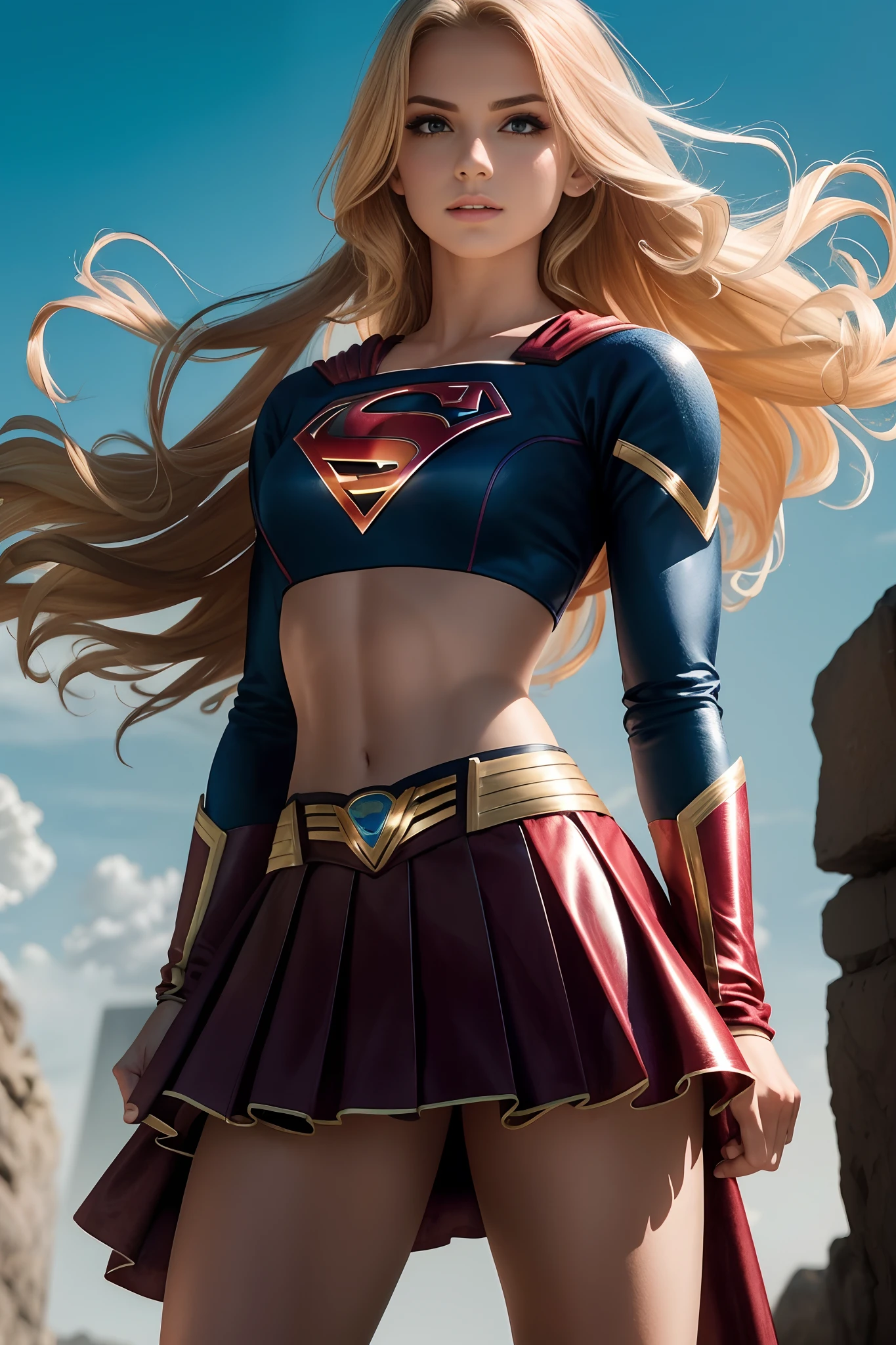 (best quality, Altas, vivid colors:1.2), ultra-detalhado,
Supergirl, Traje Skimpy, Midriff display, sexy, detailed facial features,
belos olhos detalhados, beautiful detailed lips, long eyelashes,
confident expression, cores brilhantes, fundo vibrante, flying in sky,
dynamic pose, Strong physique, Flowing blonde hair, postura poderosa,
luz solar intensa, Shadows Dramatic, Comic book style