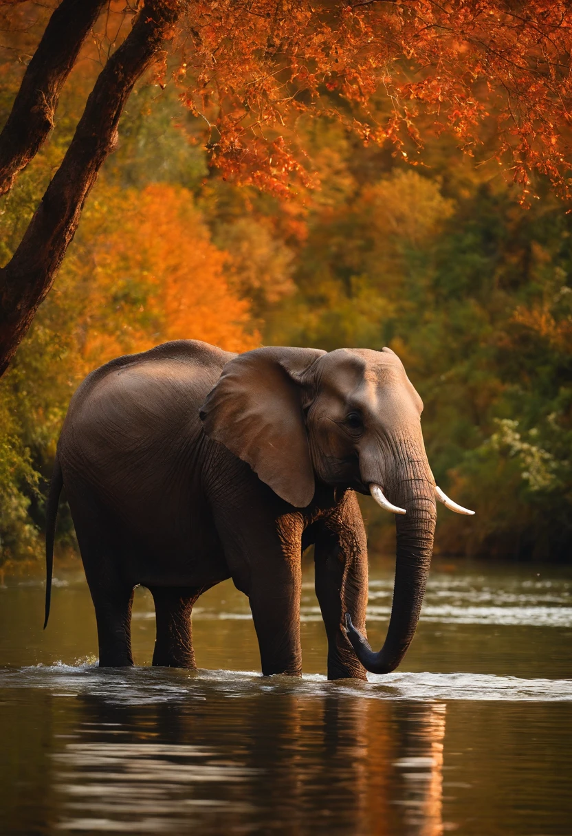 Spawning an Elephant，Au bord des lacs，in the forest，rayons de soleil，oiseaux volants，Grands espaces，riche en couleurs，couleur rouge，couleurs orange，The detail，4K，K HD