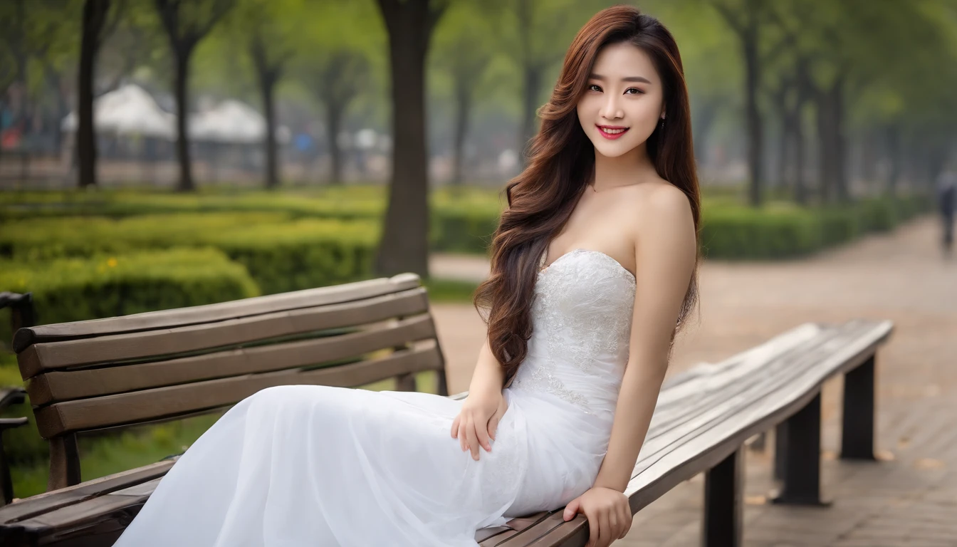 High definition, high quality, 25 year old Chinese girl, 8K, full figure, white dress, SONY lens, head-up Angle, smiling, park bench, neckline wide open to reveal white chest, shawl long hair, sexy, seductive pose, master masterpiece