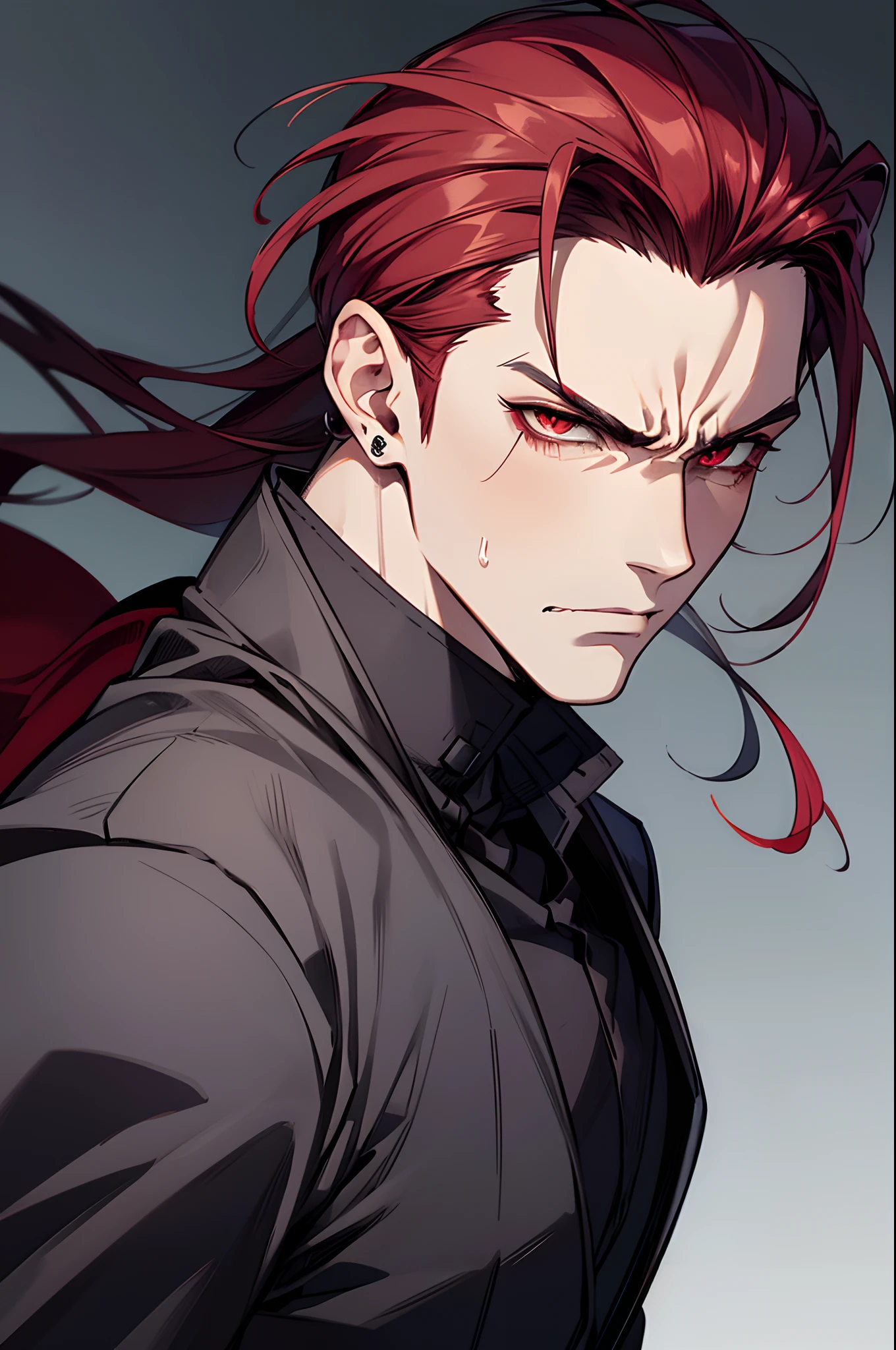 A man,with a disgusted look on his face, spitting to the side, extremely handsome,slicked back hair,punk,red eyes, wearing earrings,pissed off, looking towards the viewer, focus on the face