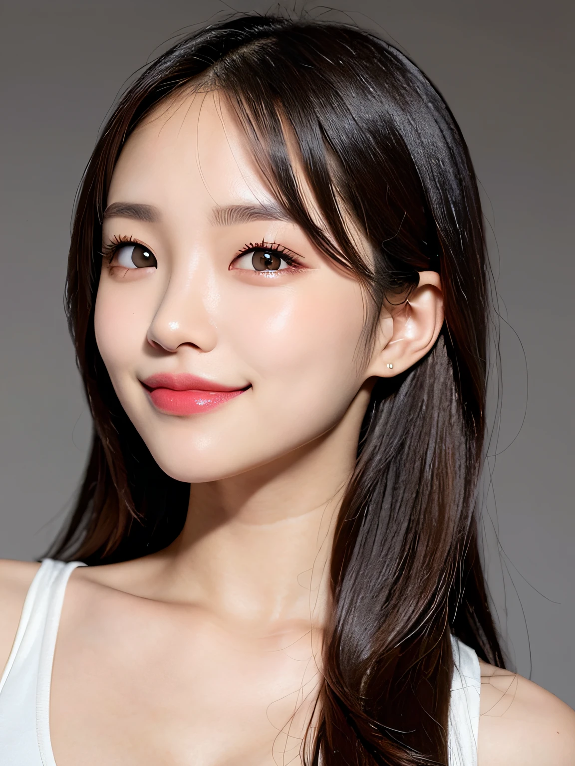 masterpiece, top-quality, 8K, absurderes, (The upper part of the body:1.4), white shirt, beautiful a girl, Clean face, looking at the viewers, A smile, A hyper-realistic, hight resolution, a picture, film grains, chromatic abberation, foco nítido, nffsw, face lights, Dynamic lighting, 电影灯光, Professional Shadows, simple background, (Dull yellow background:1.4), highestdetailed, ighly detailed, ultra-detailliert, finely detail, authentic skin, delicated facial features, detailed faces and eyes, Sharp pupils、Realistic pupils、(Korean、japanse、Chinese:0.3)、(Glossy lips:1.4)