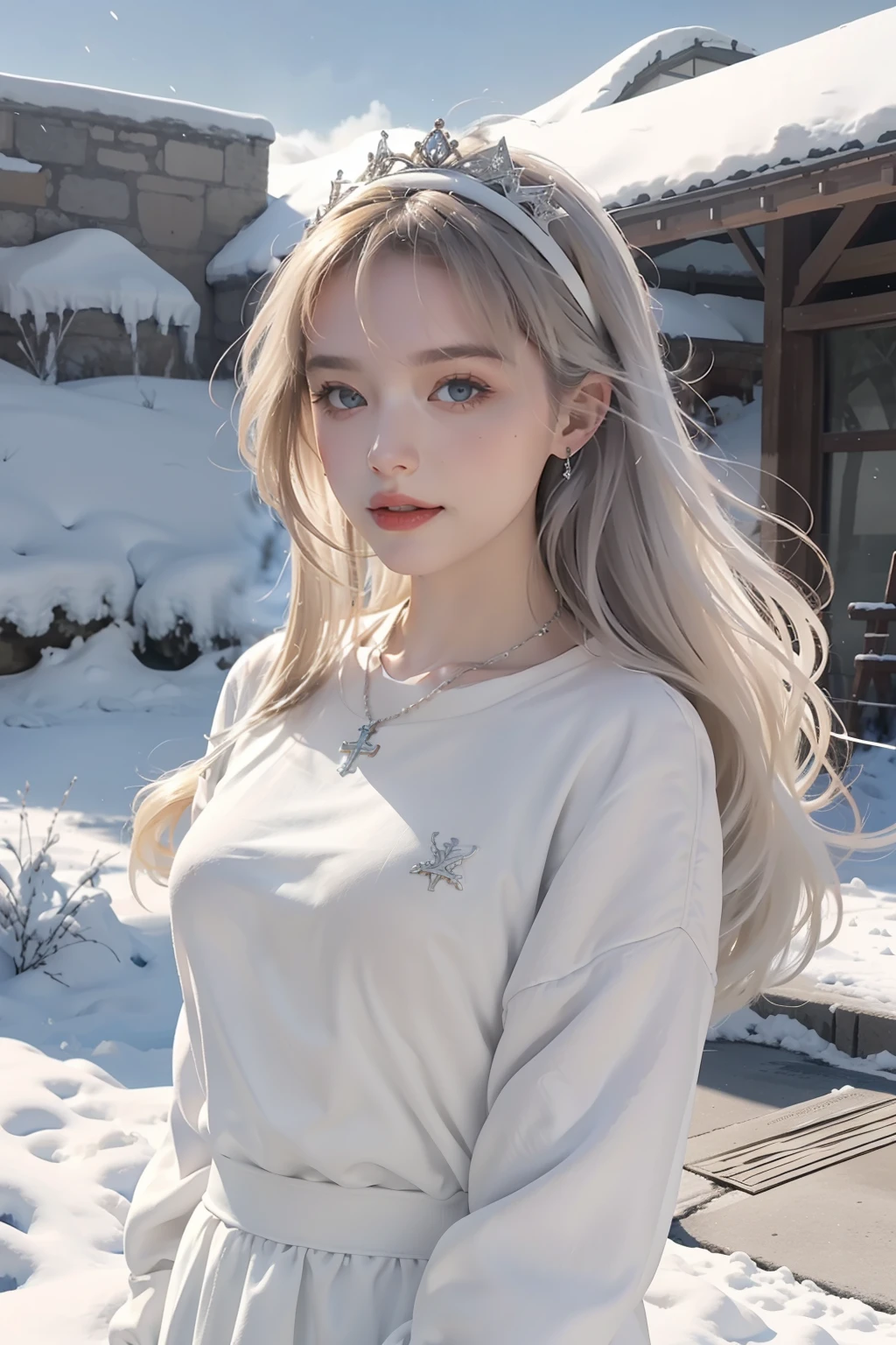 High detail CG，rich details​，A world of ice and snow in the sun，Ice edge，Snow-capped castle，Dress normally，white  clothes，The outside is covered with a white plush coat，Cross your arms，teens girl，Wear an exaggerated necklace，cabellos largos dorados，The sun shines on the body，glowing white，The art of clocking in，