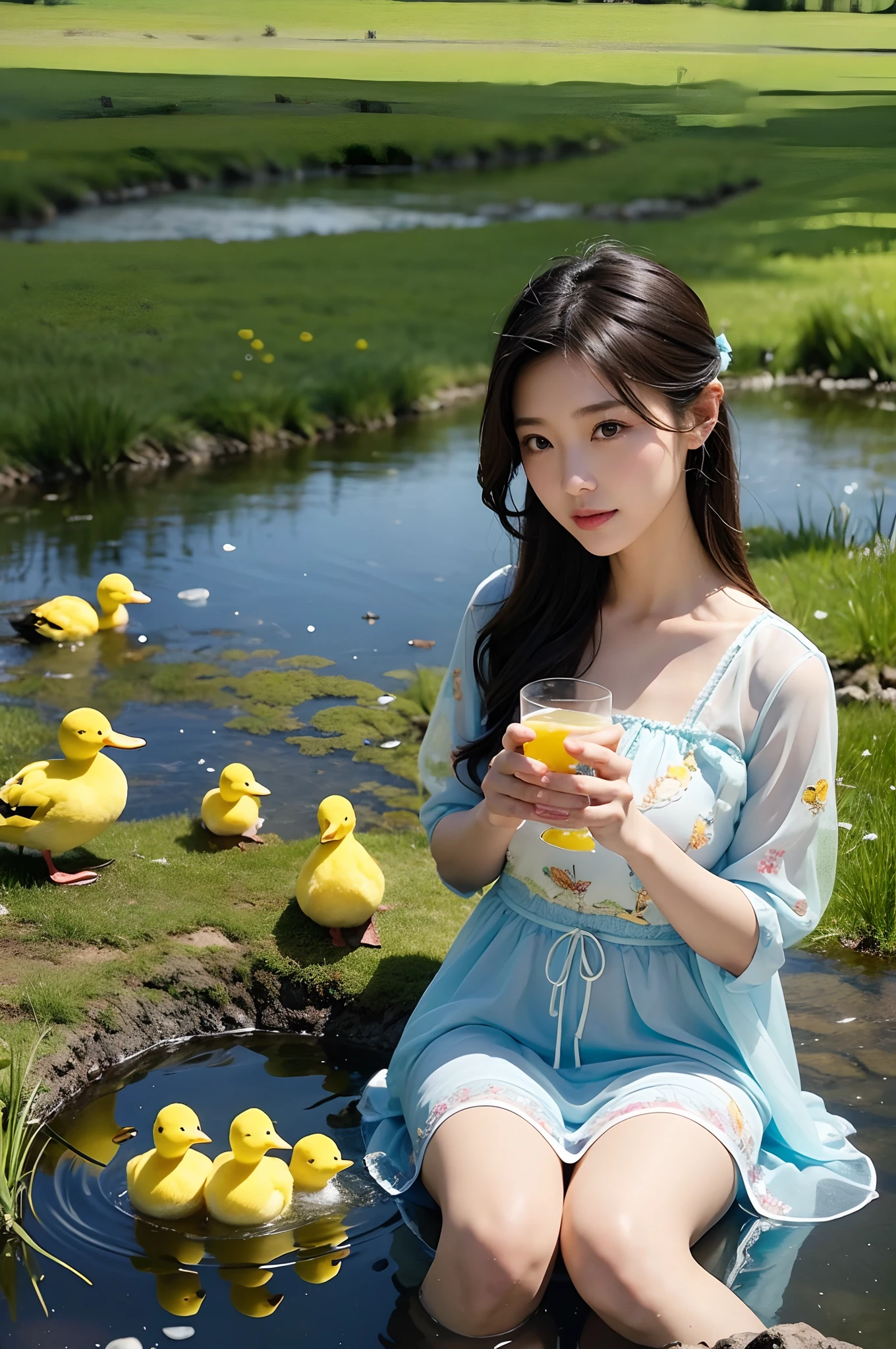 Araffe Japanese model, hyperrealistic,2girls,leering:1.5, drinking water in a glass with lots of ice next to yellow ducklings in a meadow,see-through costume,embroidery pattern,