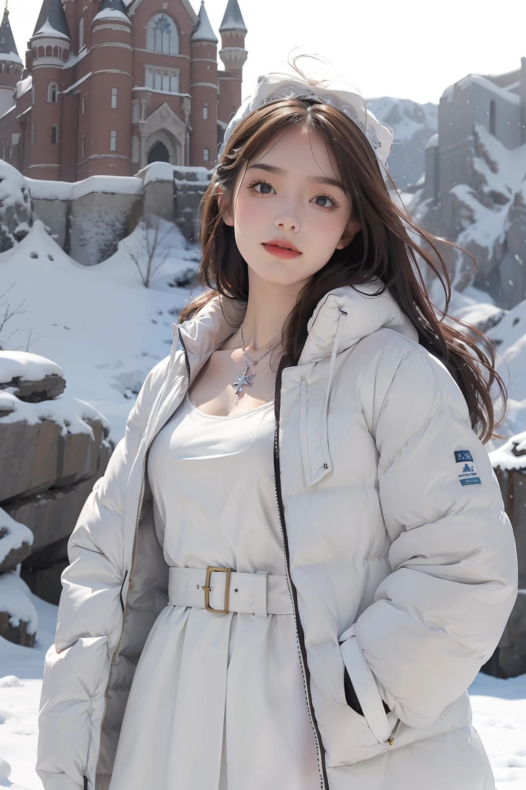 High detail CG,rich details,A world of ice and snow in the sun,Ice edge,Snow-capped castle,Dress normally,white clothes,The outside is covered with a white plush coat,Cross your arms,teens girl,Wear an exaggerated necklace,Brown hair long,The sun shines on the body,glowing white,The art of clocking in,