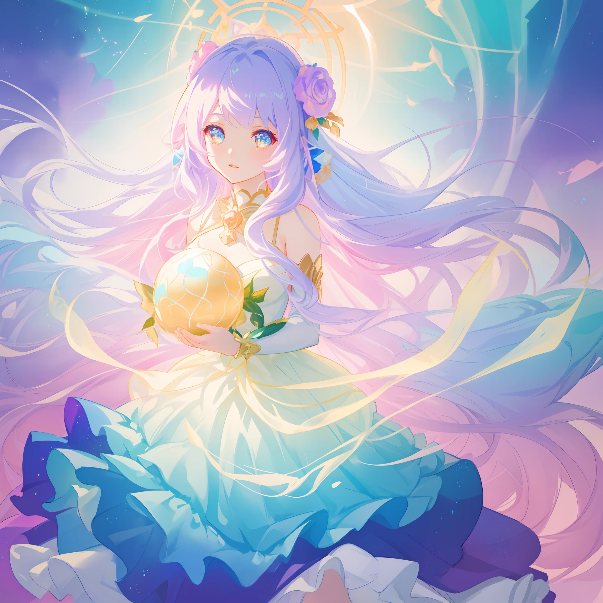 beautiful girl, puffy tiered flower fairy ballgown dress, vibrant pastel colors, (colorful), glowing golden long hair, magical lights, sparkling magical liquid, inspired by Glen Keane, inspired by Lois van Baarle, disney art style, by Lois van Baarle, glowing aura around her, by Glen Keane, jen bartel, glowing lights! digital painting, flowing glowing hair, glowing flowing hair, beautiful digital illustration, fantasia background, whimsical, magical, fantasy, ((beautiful face)), ((masterpiece, best quality)), intricate details, highly detailed, sharp focus, 8k resolution, sparkling detailed eyes, liquid watercolor