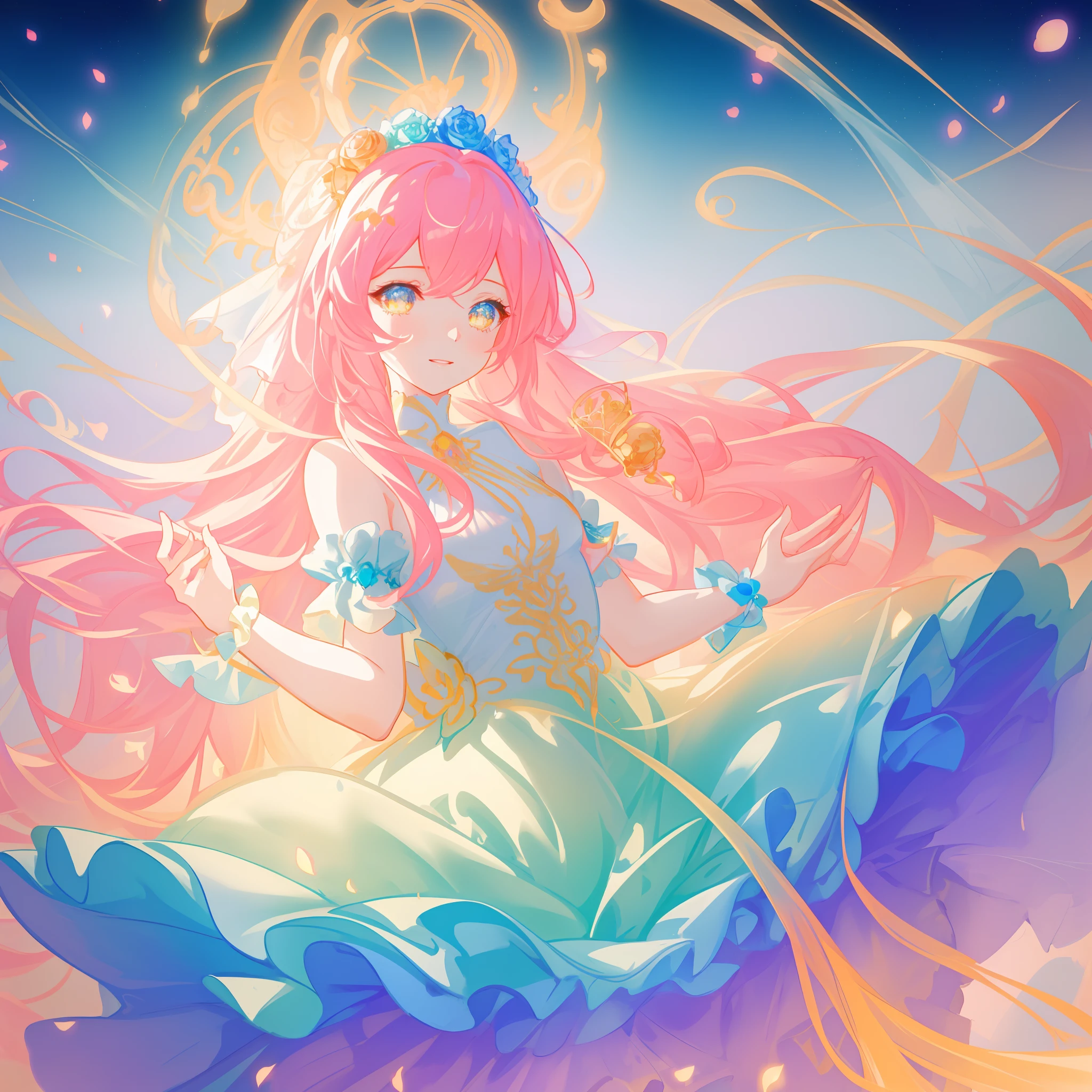 beautiful girl, puffy tiered flower fairy ballgown dress, vibrant pastel colors, (colorful), glowing golden long hair, magical lights, sparkling magical liquid, inspired by Glen Keane, inspired by Lois van Baarle, disney art style, by Lois van Baarle, glowing aura around her, by Glen Keane, jen bartel, glowing lights! digital painting, flowing glowing hair, glowing flowing hair, beautiful digital illustration, fantasia background, whimsical, magical, fantasy, ((beautiful face)), ((masterpiece, best quality)), intricate details, highly detailed, sharp focus, 8k resolution, sparkling detailed eyes, liquid watercolor