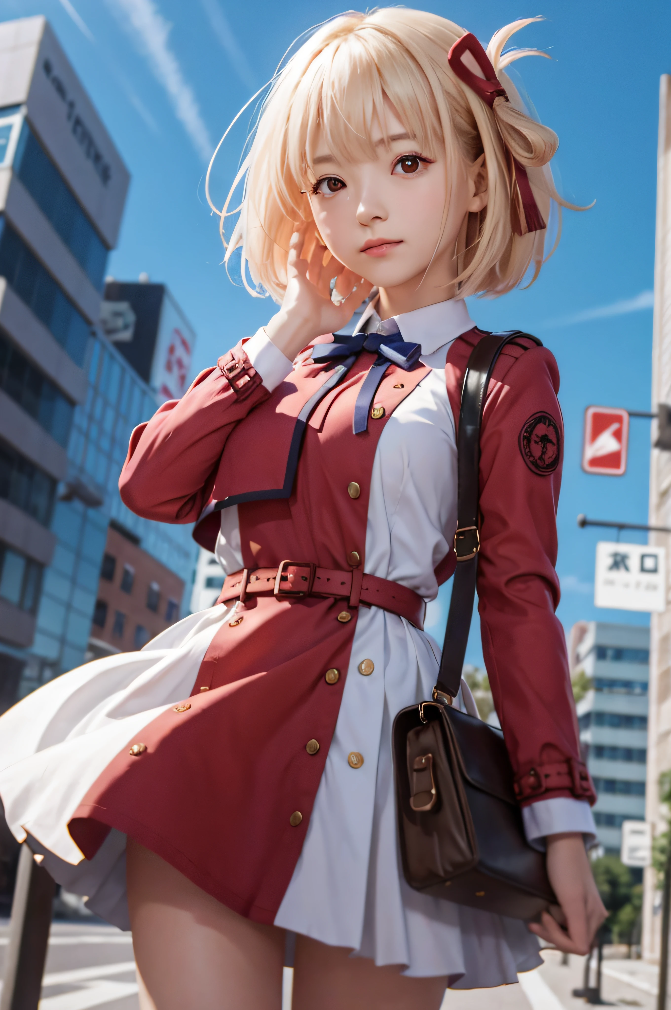 RAW image quality、8K分辨率、Ultra-detailed CG footage、(masutepiece: 1.1), (Best Quality, Hyper-Resolution: 1.0), (8K resolution: 1.2), (Photorealistic, Ultra Detail, Clear Focus 1:0), (Original photo, Lighting: 1:1), Detailed reflective eyes with professional digital painting, Beautiful pretty cute little face, (1girl in:1.3), Break Chisato Nishikiki, Short hair, Bangs, Blonde hair, (Red Eyes:1.5), Hair Ribbon, One side up, bob cuts, Perfect body, Shirt, Long sleeves, Dress, bow ribbon, White shirt, Collared shirt, Belt bag, Neck ribbon, Red dress, Blue Ribbon, pleated dress, grey dress, two-tone dress, Red Belt, Lycoris Uniform, run, Float skirt, blue-sky, Urban roads,