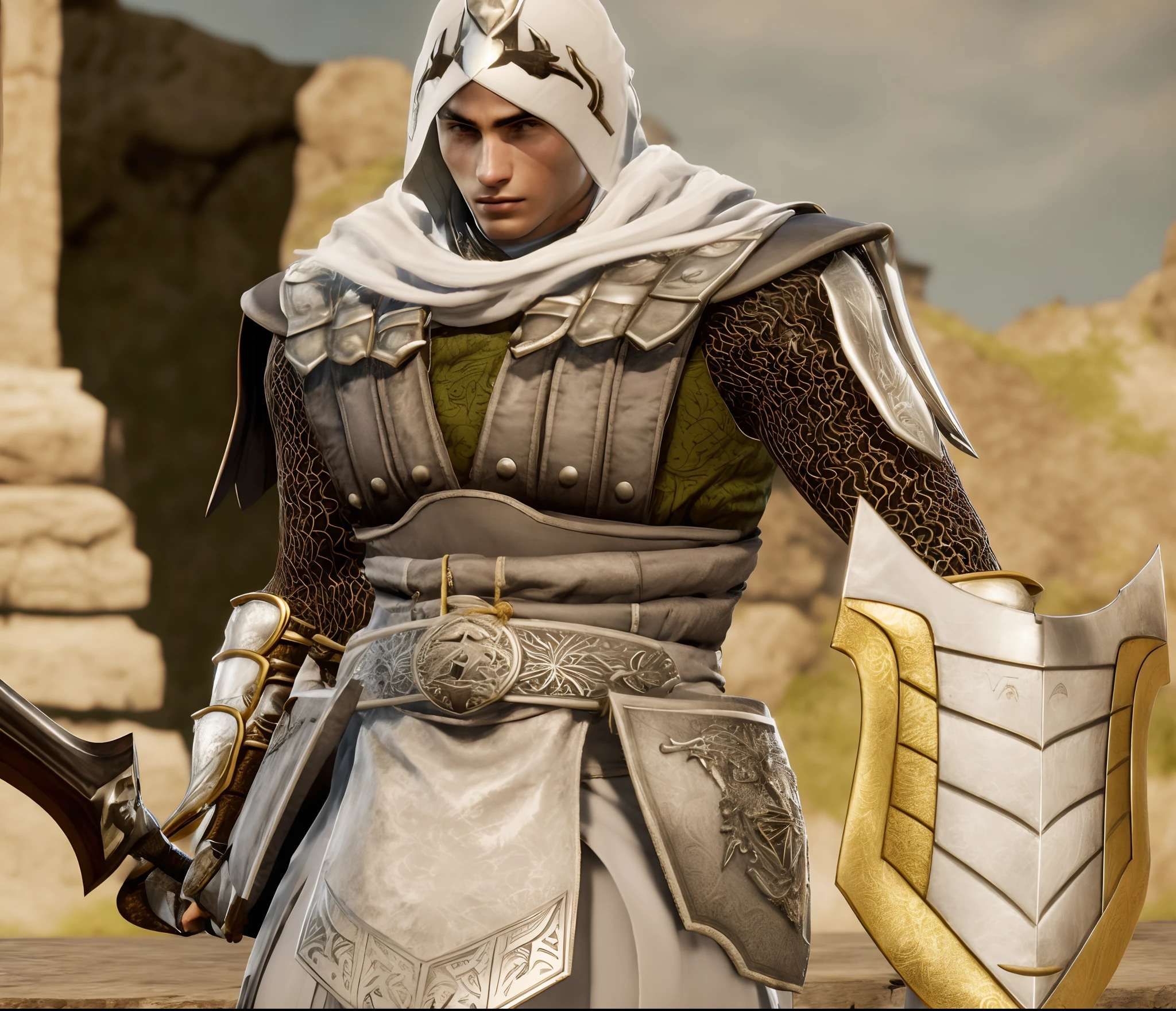 imagem arafed de um homem em armadura com uma espada e escudo, Detailed armor with white scarf, armadura branca e dourada pesada, Armadura Safi'jiiva, armadura branca detalhada, intrincada armadura branca e dourada, picture of a male cleric, armadura branca limpa moderna, cleric, vestindo armadura texturizada esculpida, Arsen Lupin como um paladino, armadura de cor branca fosca