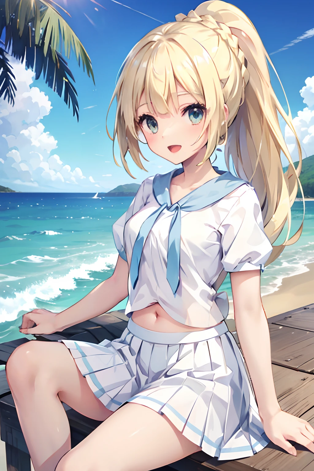 sitting on,aalillie, long hair, ponytail, french braid, white shirt, short sleeves, white skirt, pleated skirt,Smile with open mouth,nimbly,Skirt combing,White panties,blue-sky,beautiful ocean,Navel out,Top image quality,Masterpiece,Best Quality