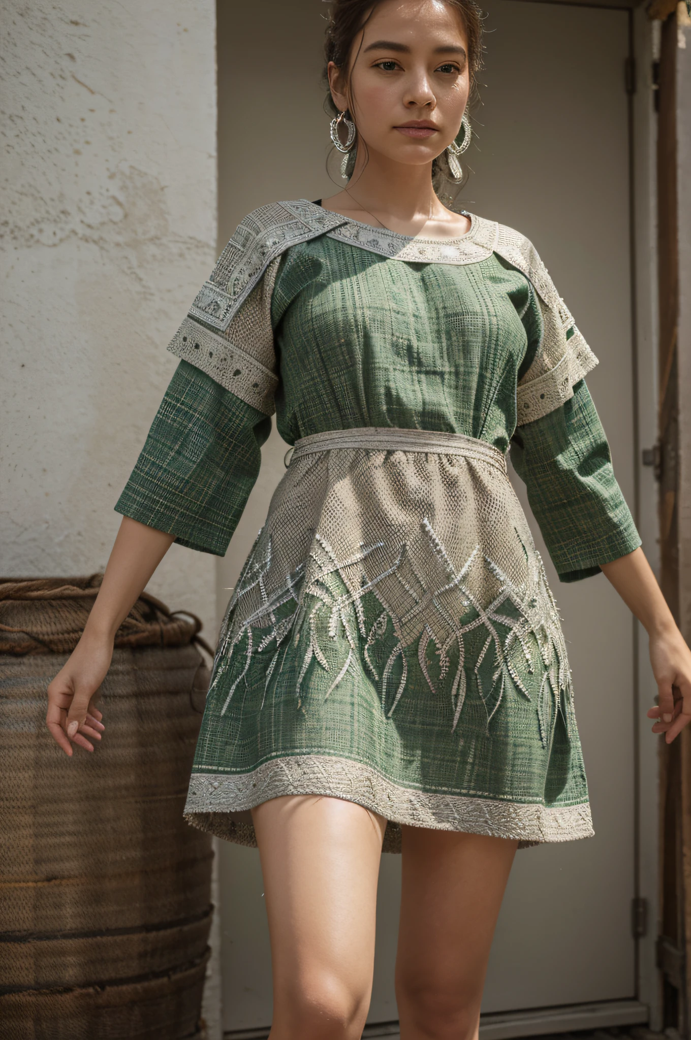 Cultural and creative products，Costume design，The design of the costume is woven from fireweed，The texture of the weave can be seen on the garment，The clothing is mainly white and green，The garment is decorated with silver leaves，Three View