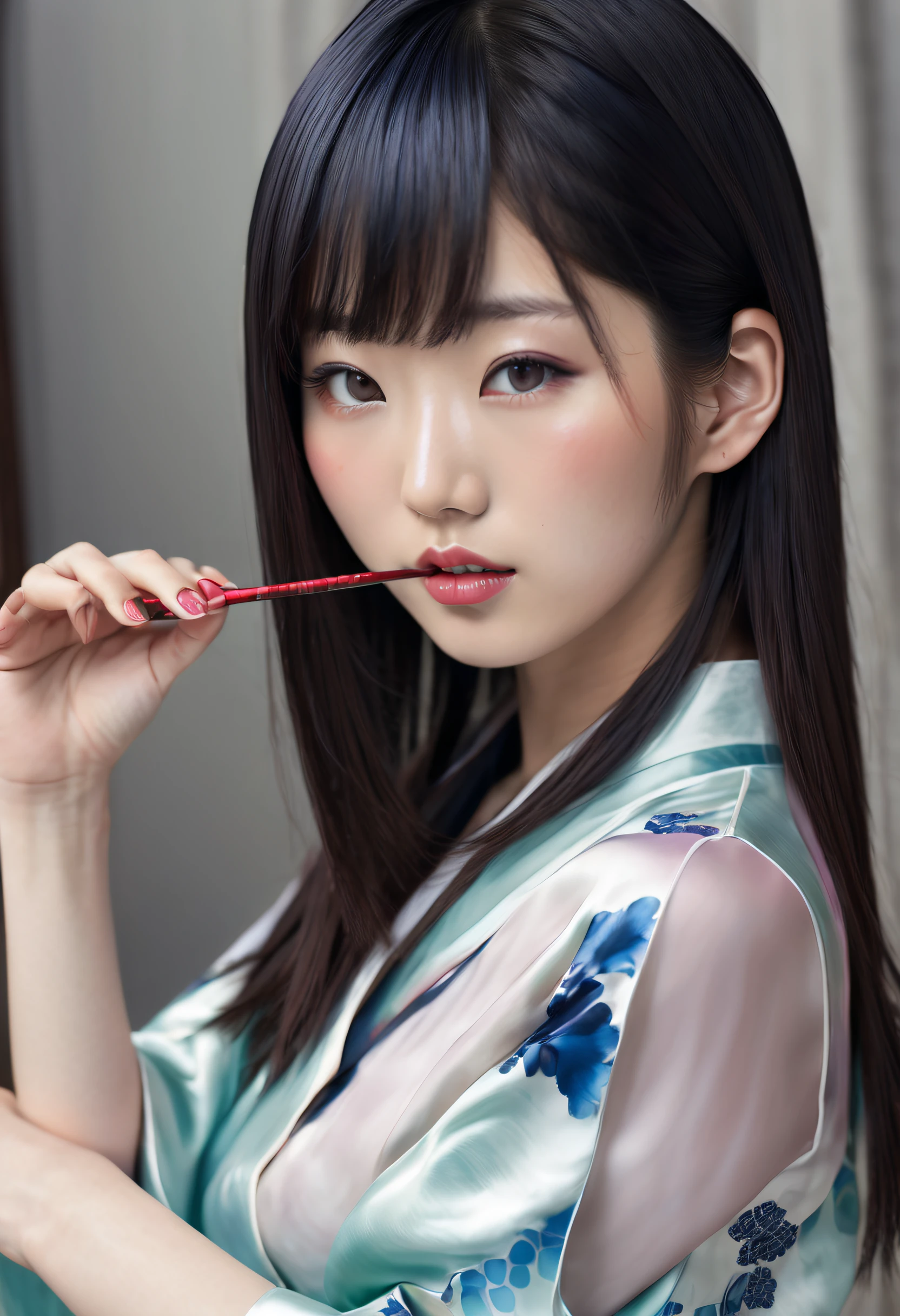 Beautiful Japanese 18 year old woman, silk qipao, photorealistic, masterpiece, tight clothes, large breasts, lipstick, beautiful face, seductive, cute, silk kimono, coloured hair, dyed hair, punk girl
