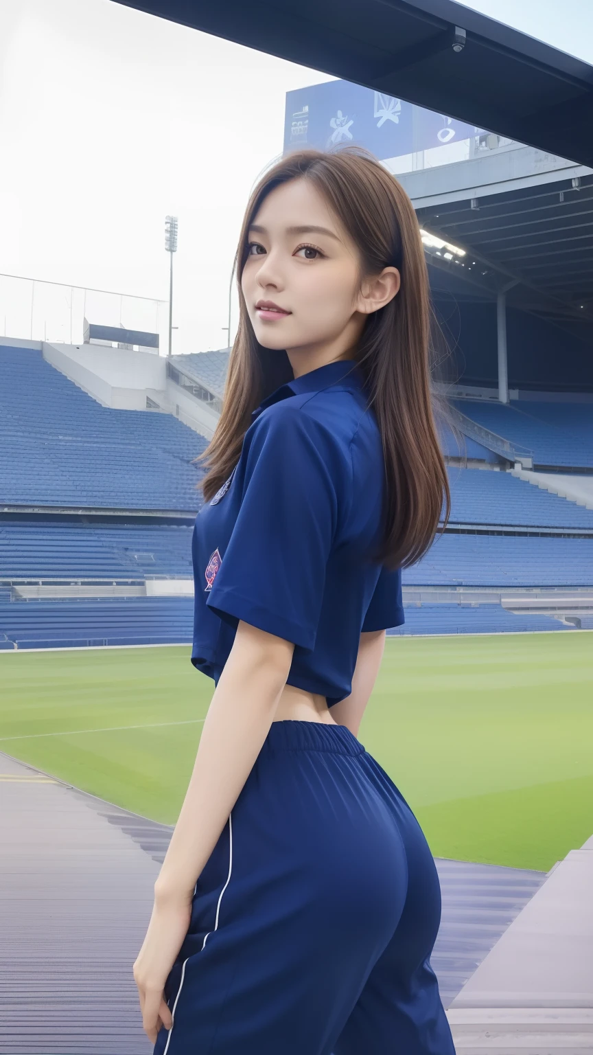 (bestquality,10,10,highres,masterpiece:1.2),ultra-detail,(Realistic,photorealistic portrait,photo-realistic:1.37),1 Cute girl in the football field,oily shiny skin,bara,light smile,BDclothes,((blue shirt:1.3)),short sleeves,Shirt, trousers.,(navy_long_Pants Track:1.1), ((Stadium Background:1.3)),dynamic angle,excited,face focus,Dynamic Poses,from behide,Ass Focus,masterpiece, bestquality, ultra realistic, hyper-detail, 8k resolution, RAW photo, crisp focus, ((Navy blue shirt:1.1)), short sleeves, Long Path, Perfect body, 2 mature women, 18yo, cinematic light,Blue sweatpants,Gymware,Correct ???????,Complete body, Correct body, sharp face, Anatomically correct body, full entire body, Realistic gestures, long-haired, Realistic poses,Wear long shorts..,Long leg span,Shapely,Sculpting Girl
