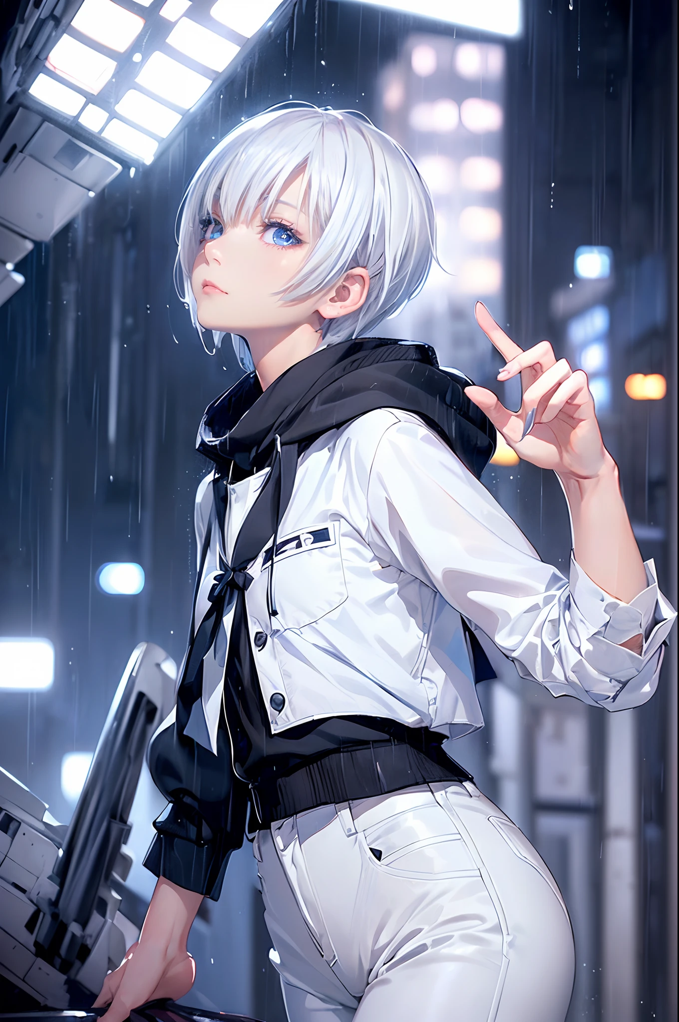 ((4K works))、​masterpiece、(top-quality)、1 beutiful girl、Slim body、tall、((Black Y-shirt and white pants、Charming street style))、Please wear one jacket、Wearing a hood to hide his face、(Detailed beautiful eyes)、Morning City、((Rainy city))、Fashionable city with morning rain、During the walk、((Face similar to Carly Rae Jepsen))、((Short-haired white hair))、((Smaller face))、((Neutral face))、((Bright blue eyes))、((American adult women))、((Adult female 26 years old))、((cool lady))、((Like a celebrity))、((Lonely look))、((Korean Makeup))、((elongated and sharp eyes))、((Happy dating))、((boyish))、((Upper body photography))、Professional Photos、((Model photo))、((Shot alone))、((She's under the roof))、((Looking up at the sky))、((photographed from the back))、((She is facing upwards))、((Her eyes are looking upwards))、((Increase the angle of the face))、((She is walking in front of the viewer))