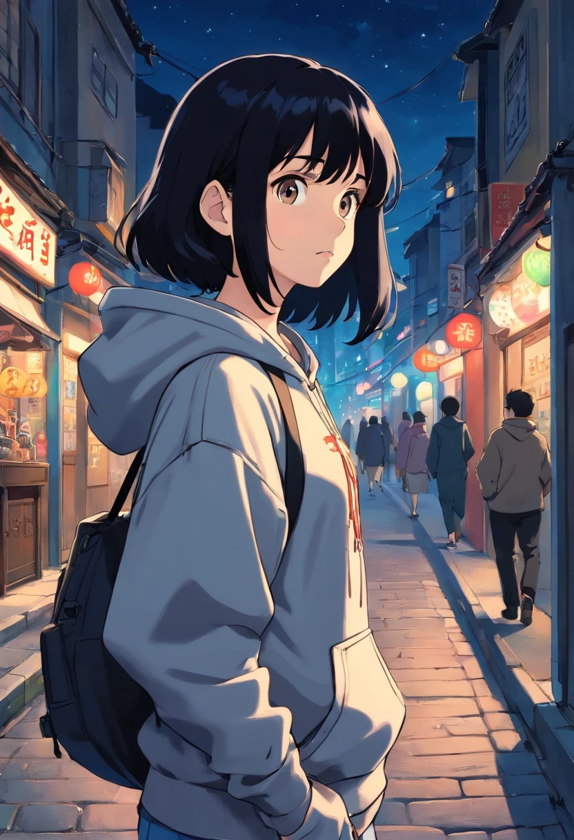 anime girl, 1girl, black hair, wear grey hoodie, walking by the street, night life, lo-fi, camera side view, eyes gazing at viewer