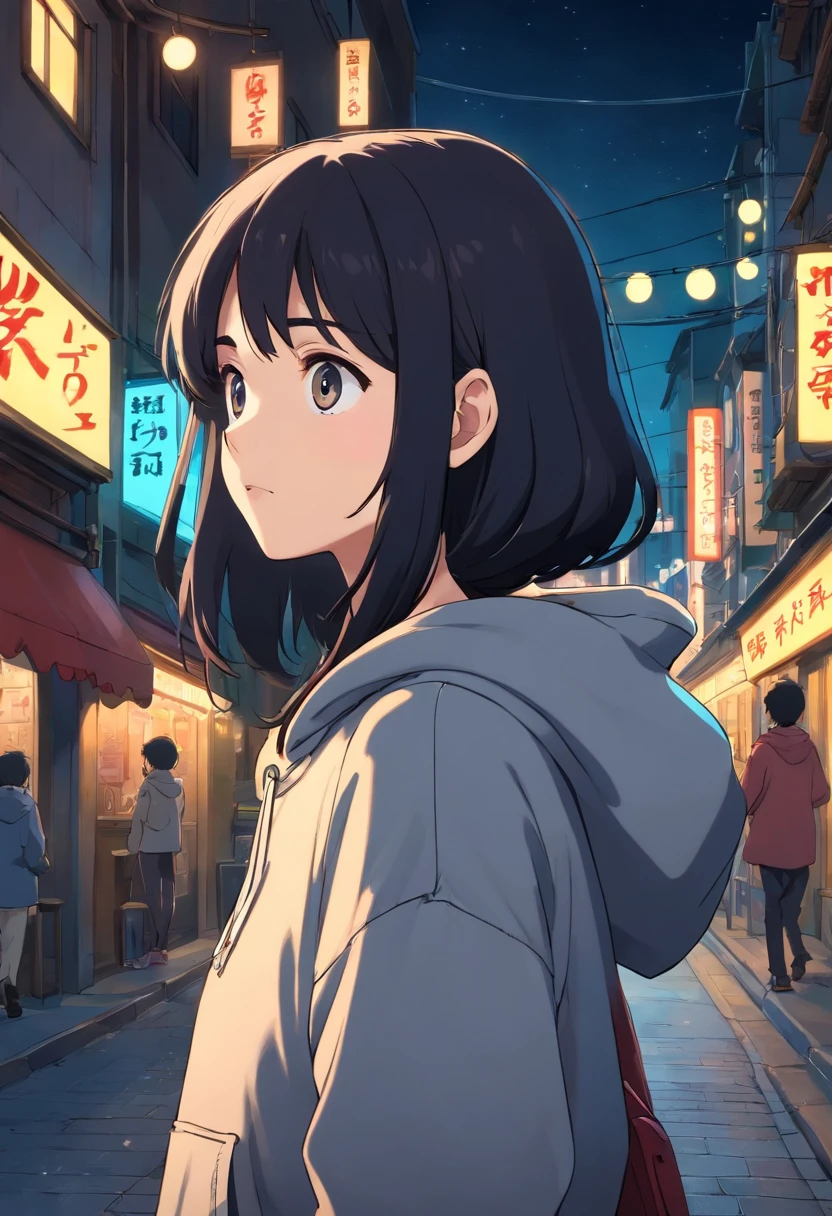 anime girl, 1girl, black hair, wear grey hoodie, walking by the street, night life, lo-fi, camera side view, eyes gazing at viewer