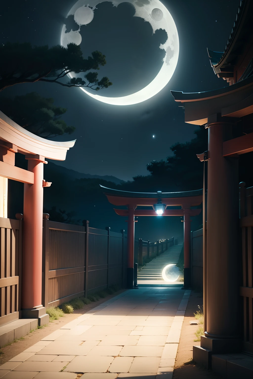 Silver Fox The large lying back frontage There are no people Red torii gate and moon on background Facing the front