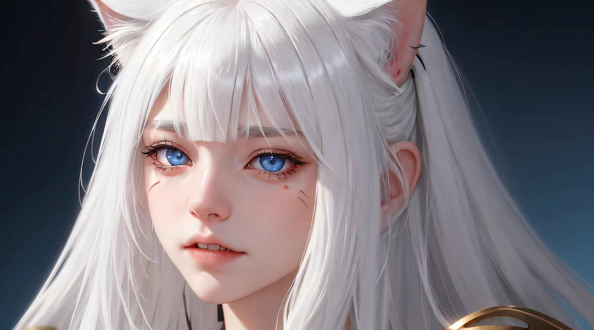 Light white hair, blunt bangs, asymmetrical hair, hair behind ear, long hair, wavy hair, blue eyes, cat pupils, eyebrows behind hair, cat ears, fangs, facial hair, bored, close-up, UHD, anatomically correct, textured skin, high details, 1080P, japanese clothes, light armor