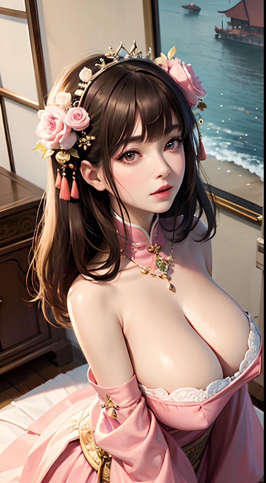 Masterpiece, Best quality, Waterfront, banquet, 1 woman, Mature woman, elegant, Chinese style, Ancient China, sister, Royal Sister, cheerfulness, Meatball heads, Light brown hair, Pink eyes, Gorgeous headdress, Light pink lips, Pink clothes, Yarn-like clothing, Intellectual, Full bangs, Flat bangs, Flower bulbs, Face delicate,updo,huge tit,gigantic cleavage breasts