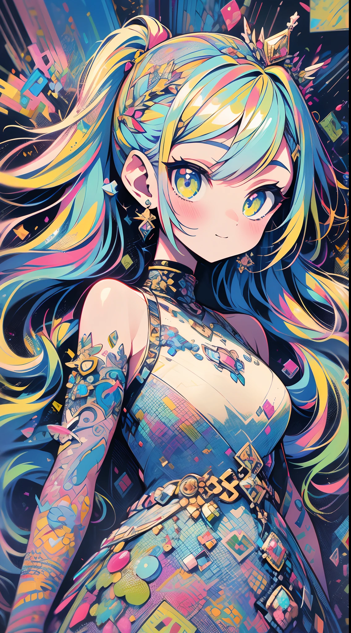 Ray tracing,{Best quality}, {{Masterpiece}}, {A high resolution}, Original, Extremely detailed 8k wallpaper, {An extremely delicate and beautiful},,incredibly_absurderes,Colorful,intricately details,art book,(In Sticker style:1.5，Geometric pattern background)，Jinx，[Red::0.3], [[Blue::0.6]:0.3], [Green:0.6]，Beautiful detailed eyes，(Extremely detailed Cg Unity 8K wallpaper),(((Masterpiece))), (((Best quality))), ((Ultra-detailed)), (Best Illustration),(Best shadow), ((An extremely delicate and beautiful)),Dynamic Angle,Floating,Solo,[(impasto:1.3),(Delicate and cute loli，Red eyes and long wavy curly white_Color_Single ponytail hair，Gold tiara and star earrings，Wearing a delicate and gorgeous white dress，Gold pattern and lace), (Beautiful detailed eyes:1.2),(Cute face:1.2),Expressionless, (Medium breast:1.2),Blush,(Upper body, upper legs),(Colorful splashes:1.3): :0.5],[:((Flat color),(bright colorful background),(((High saturation))),(Surrounded by splashes of color systems),((surrounded by colorful dot)),surrounded by colorful flowers,(Shining),Maltose syrup):0.5]