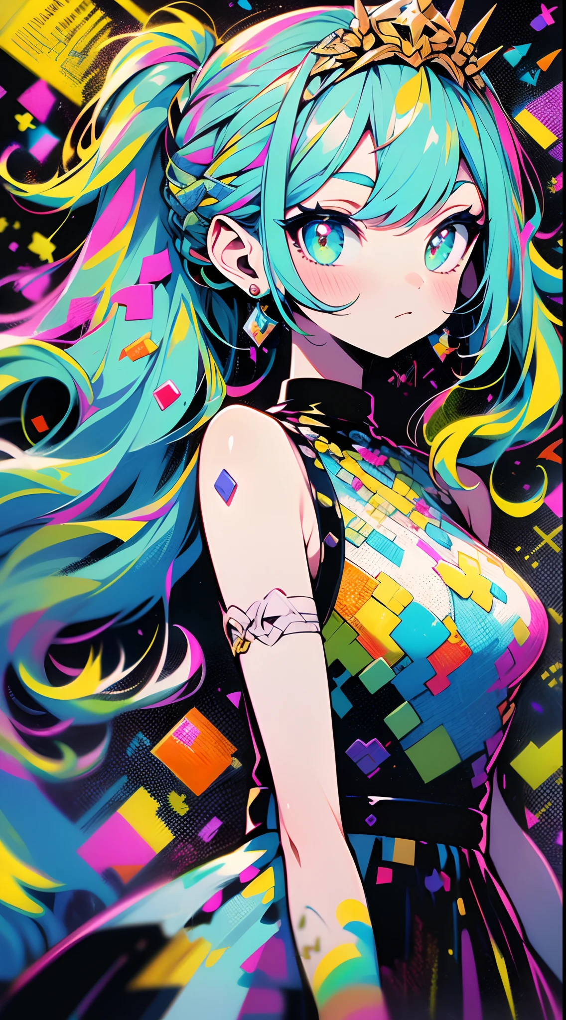Ray tracing,{Best quality}, {{Masterpiece}}, {A high resolution}, Original, Extremely detailed 8k wallpaper, {An extremely delicate and beautiful},,incredibly_absurderes,Colorful,intricately details,art book,(In Sticker style:1.5，Geometric pattern background)，Jinx，[Red::0.3], [[Blue::0.6]:0.3], [Green:0.6]，Beautiful detailed eyes，(Extremely detailed Cg Unity 8K wallpaper),(((Masterpiece))), (((Best quality))), ((Ultra-detailed)), (Best Illustration),(Best shadow), ((An extremely delicate and beautiful)),Dynamic Angle,Floating,Solo,[(impasto:1.3),(Delicate and cute li，Red eyes and long wavy curly white_Color_Single ponytail hair，Gold tiara and star earrings，Wearing a delicate and gorgeous white dress，Gold pattern and lace), (Beautiful detailed eyes:1.2),(Cute face:1.2),Expressionless, (Medium breast:1.2),Blush,(Upper body, upper legs),(Colorful splashes:1.3): :0.5],[:((Flat color),(bright colorful background),(((High saturation))),(Surrounded by splashes of color systems),((surrounded by colorful dot)),surrounded by colorful flowers,(Shining),Maltose syrup):0.5]