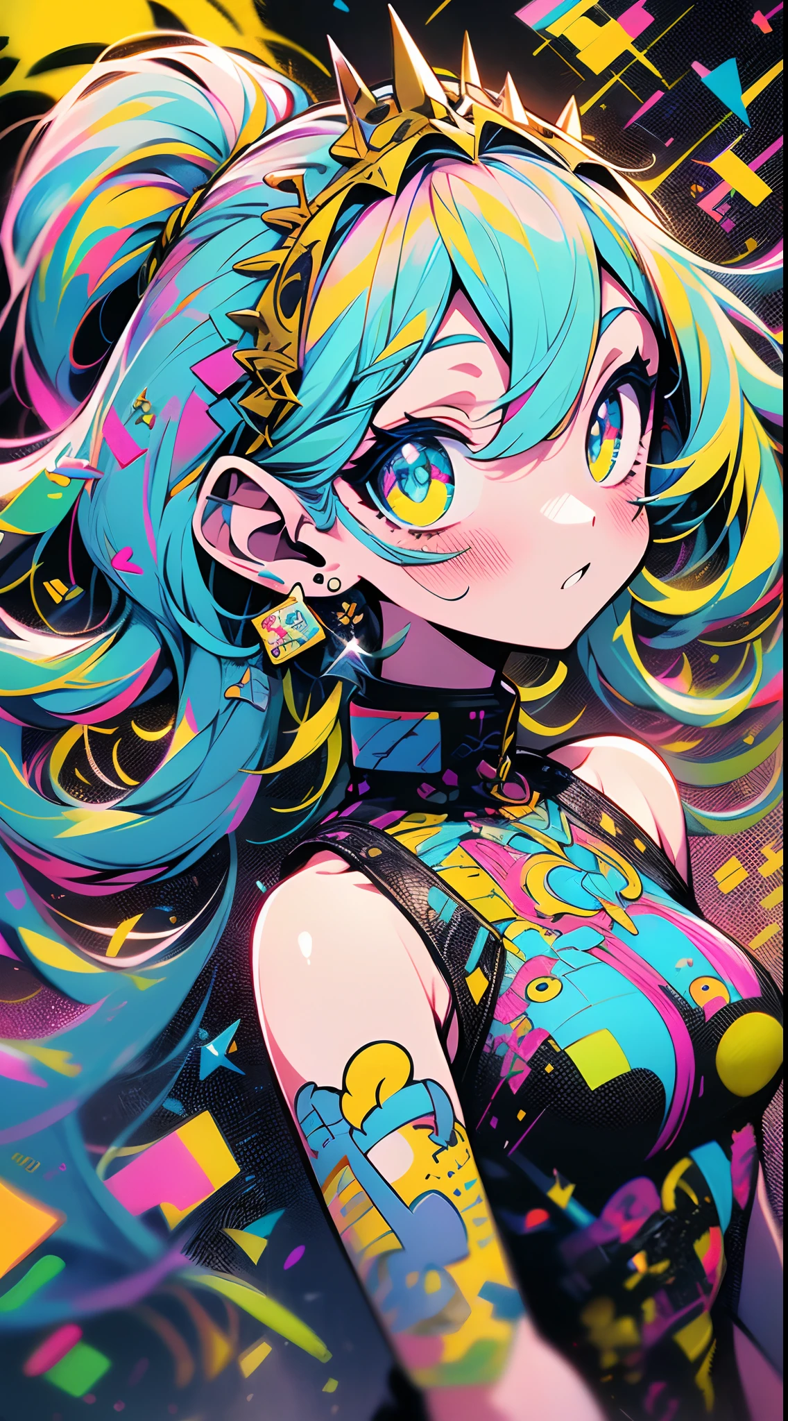 Ray tracing,{Best quality}, {{Masterpiece}}, {A high resolution}, Original, Extremely detailed 8k wallpaper, {An extremely delicate and beautiful},,incredibly_absurderes,Colorful,intricately details,art book,(In Sticker style:1.5，Geometric pattern background)，Jinx，[Red::0.3], [[Blue::0.6]:0.3], [Green:0.6]，Beautiful detailed eyes，(Extremely detailed Cg Unity 8K wallpaper),(((Masterpiece))), (((Best quality))), ((Ultra-detailed)), (Best Illustration),(Best shadow), ((An extremely delicate and beautiful)),Dynamic Angle,Floating,Solo,[(impasto:1.3),(Delicate and cute loli，Red eyes and long wavy curly white_Color_Single ponytail hair，Gold tiara and star earrings，Wearing a delicate and gorgeous white dress，Gold pattern and lace), (Beautiful detailed eyes:1.2),(Cute face:1.2),Expressionless, (Medium breast:1.2),Blush,(Upper body, upper legs),(Colorful splashes:1.3): :0.5],[:((Flat color),(bright colorful background),(((High saturation))),(Surrounded by splashes of color systems),((surrounded by colorful dot)),surrounded by colorful flowers,(Shining),Maltose syrup):0.5]