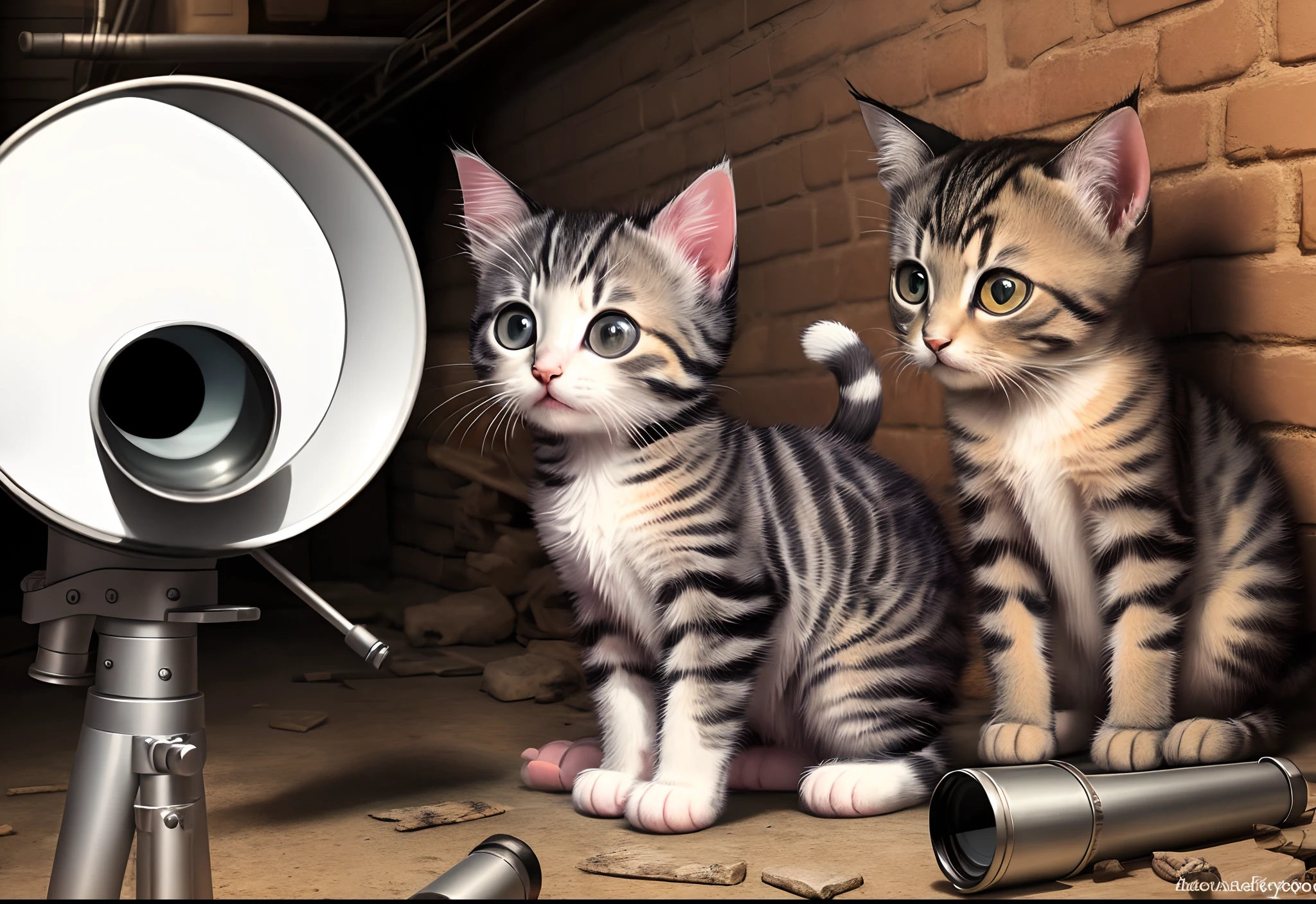 kitten in a basement finding a telescope