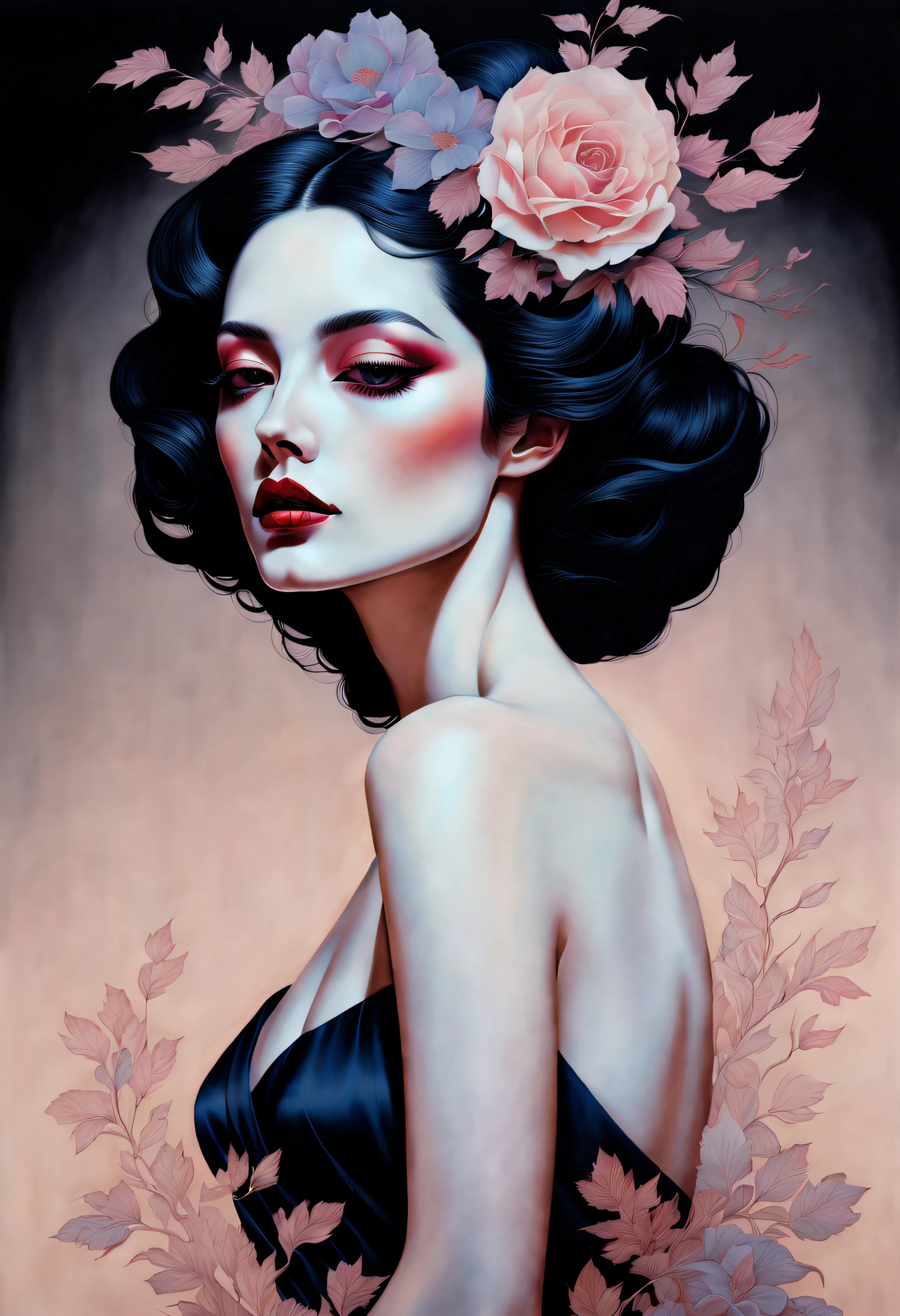 chiaroscuro technique on sensual illustration of an elegant woman, vintage queen, eerie, matte painting, by Hannah Dale, by Harumi Hironaka, extremely soft colors, hint of vibrant, highly detailed, digital artwork, high contrast, dramatic, refined, tonal,