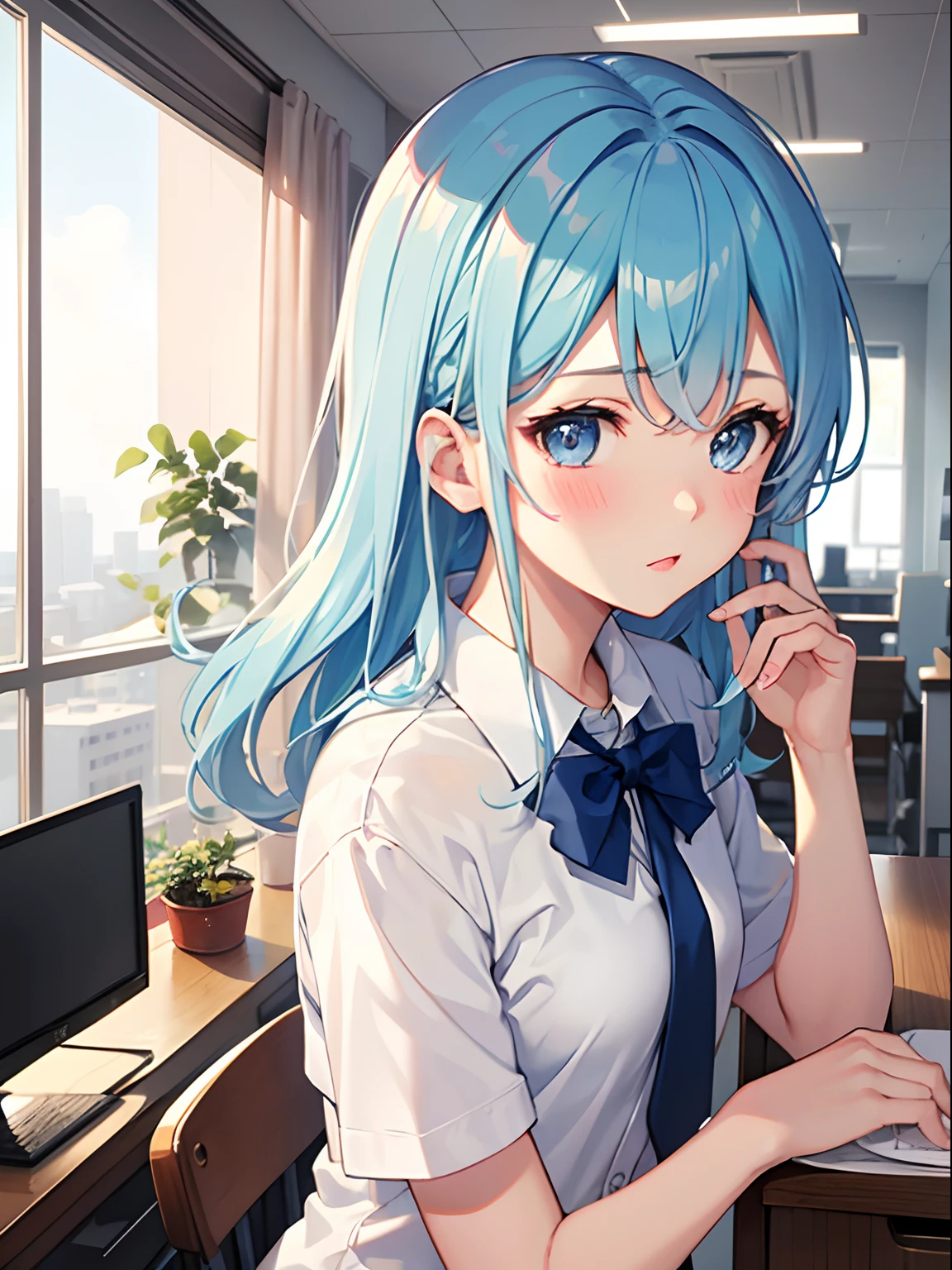 1girl in,Light blue Medium Hair,Tying hair,Light blue eyes,Cute,blush,medium breasts, officewear, officeroom, Best Quality++,Highest Quality++