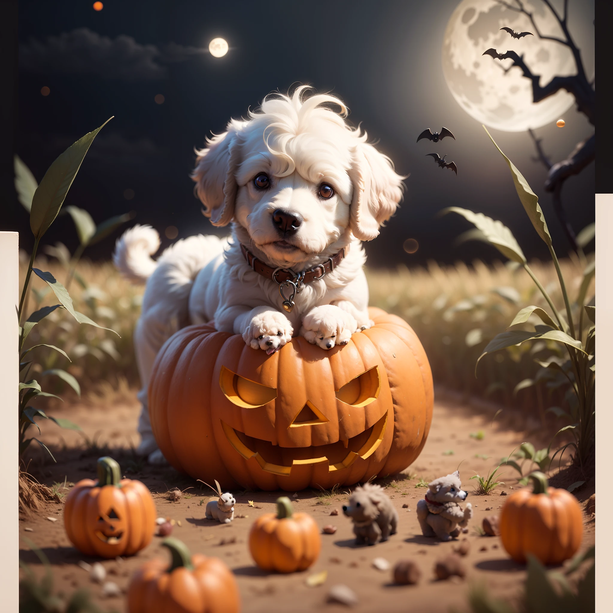a white toy poodle on a Halloween pumpkin that serves as the head of a scarecrow in a moonlit cornfield --auto --s2