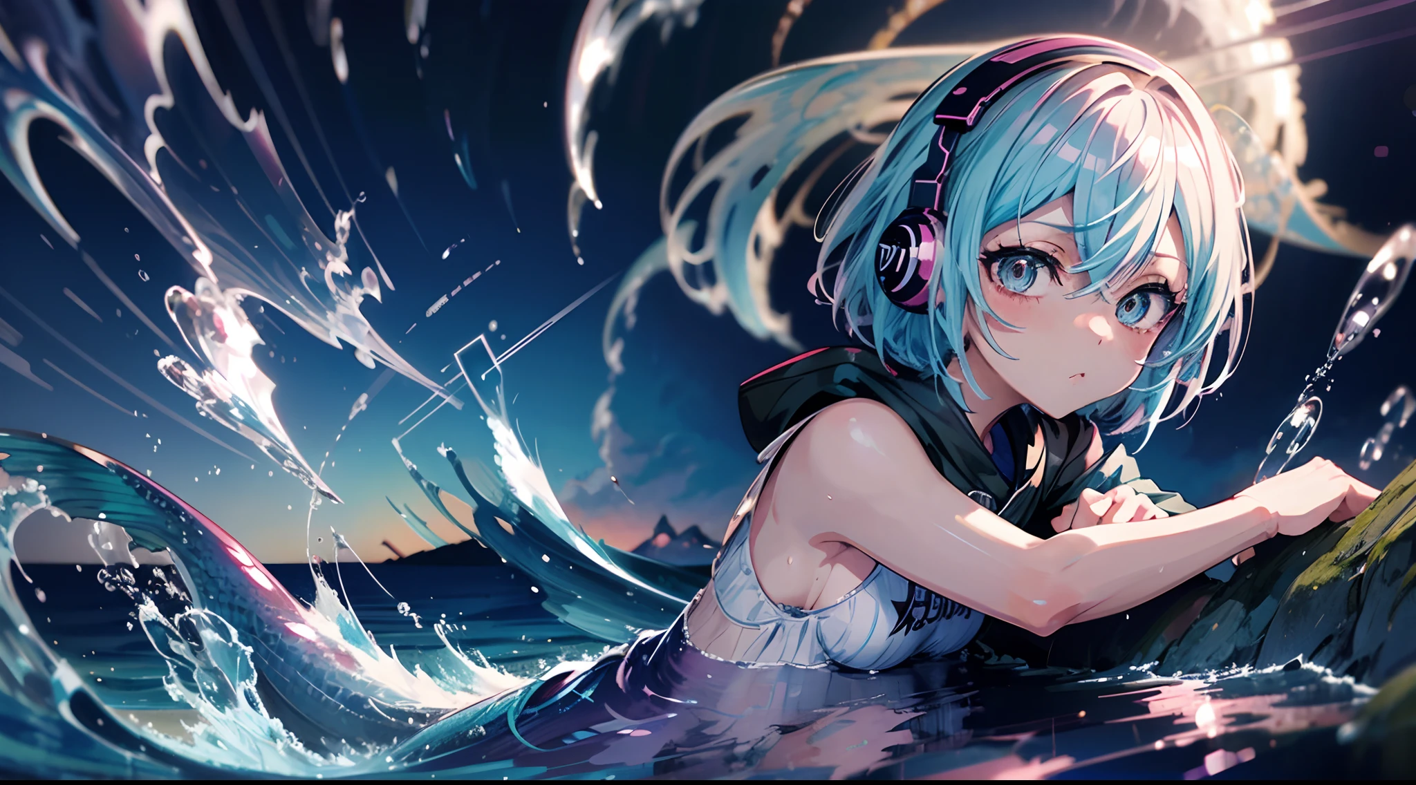 Mermaid Girl Light blue hair color, short-cut Tsundere headphones Angry look Sea at Dusk Night Core, anime style 4 k, Anime style. 8K, anime moe art style, Mikudayo, official artwork, lofi-girl, lofi artstyle, lofi portrait, sayori, anime vibes, Anime style mixed with Fujifilm, digital anime illustration, anime wallpaper 4k