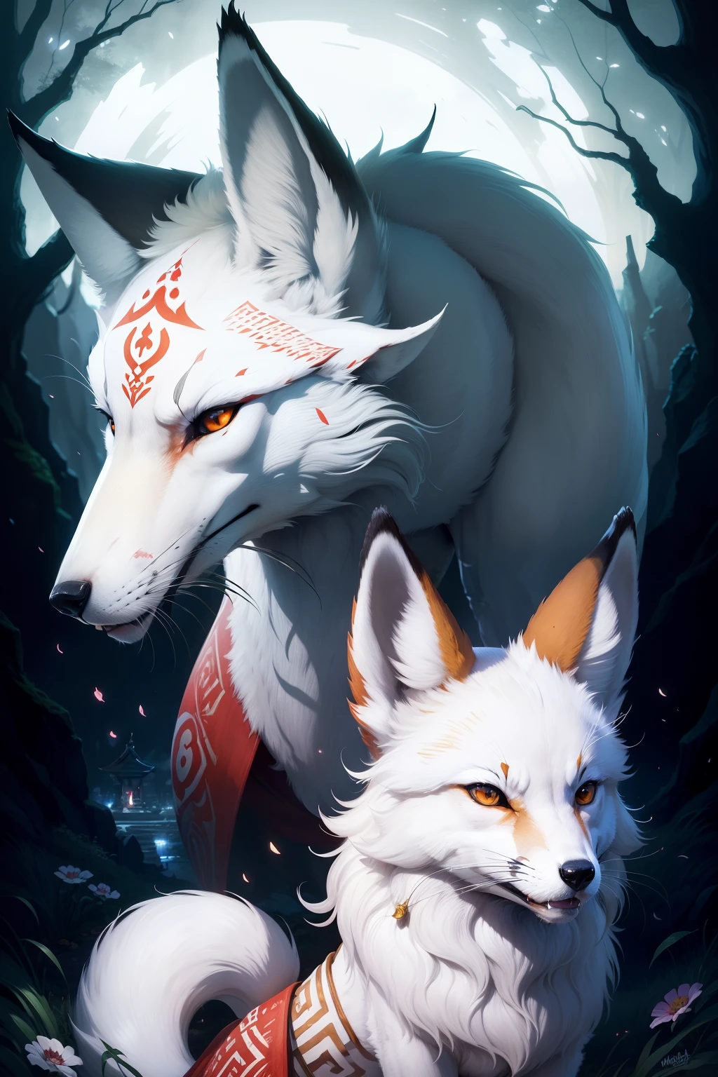 White fox　The large　Moro-like image of Princess Mononoke　frontage　Only foxes　Red torii gate on background　Facing the front
