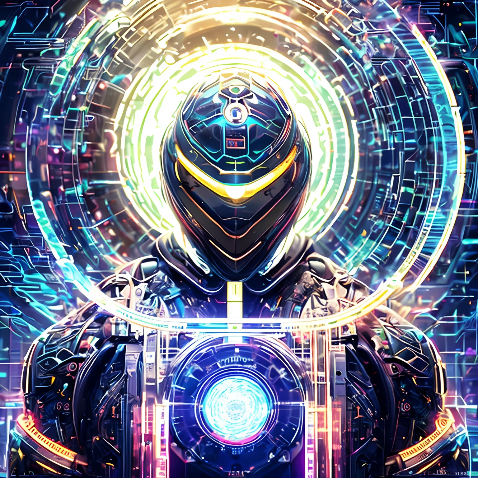 Imagen de una IA humanoide proyectada por holograma en primer plano, en el fondo un primer plano de un reloj digital con un fondo verde, Fondo de reloj espacial infinito, digital illustration radiating, magical glowing time portal, Arte de la llave digital, holographic interface, Fondo digital de Greebles, Cyber Background, Arte digital futurista, abstract tech, arte digital altamente detallado en 4K, Antecedentes cypherpunk, Arte de fondo, Detailed Sci-Fi Backgrounds - fi