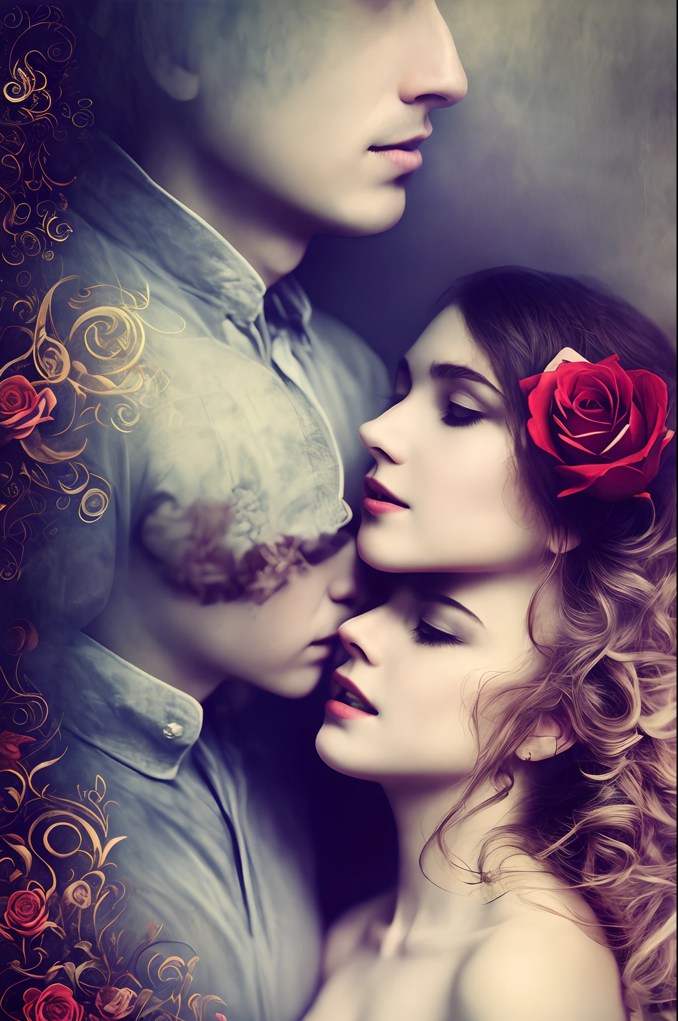 At the top, the album title, "The Complicated Love," is written in bold, elegant, and slightly cursive lettering, perhaps in a deep, rich red to evoke passion.
Background:
The background is a blend of dark and light hues. On the left side, there's a deep, velvety midnight blue, symbolizing the complexities and mysteries of love.
Gradually transitioning to the right, the color shifts to a soft, warm rose or purple, signifying the emotional and intimate aspects of love.
Image Composition:
At the center of the cover, there's a striking image of two intertwined silhouettes, representing a couple. These silhouettes are portrayed in a delicate, almost ethereal style.
The male silhouette is on the left, and the female silhouette on the right, both reaching out towards each other, capturing the longing and connection described in your songs.
A soft glow envelops the figures, giving them an otherworldly, dreamlike quality, emphasizing the emotional and romantic elements of the album.
Details:
Faint, intricate patterns or symbols, such as intertwined hearts, musical notes, and roses, subtly adorn the background. These symbols hint at the themes of love and passion explored in your music.
The entire image has a textured appearance, resembling a canvas painting, giving it depth and an artistic touch.
Mood and Atmosphere:
The cover exudes a sense of romantic longing, complexity, and emotional depth. It's both visually captivating and evocative of the album's themes.