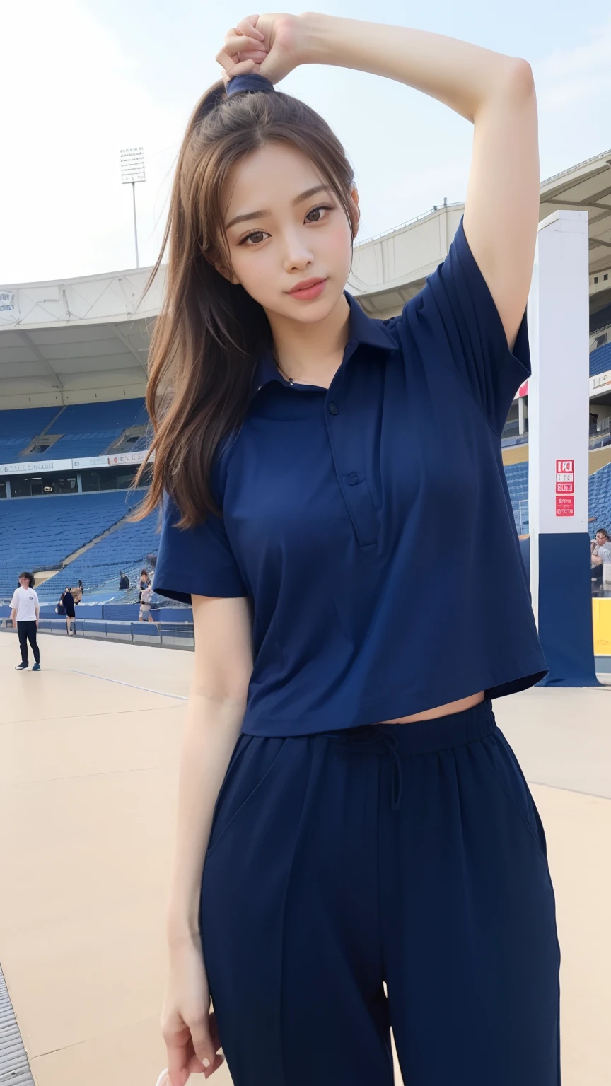 (bestquality,10,10,highres,masterpiece:1.2),ultra-detail,(Realistic,photorealistic portrait,photo-realistic:1.37),1 Cute girl in the football field,oily shiny skin,bara,light smile,BDclothes,((blue shirt:1.3)),short sleeves,Shirt, trousers.,(navy_long_Pants Track:1.1), ((Stadium Background:1.3)),dynamic angle,excited,face focus,Dynamic Poses,from behide,Ass Focus,masterpiece, bestquality, ultra realistic, hyper-detail, 8k resolution, RAW photo, crisp focus, ((Navy blue shirt:1.1)), short sleeves, Long Path, Perfect body, 2 mature women, 18yo, cinematic light,Blue sweatpants,Gymware,Correct anatomy,Complete body, Correct body, sharp face, Anatomically correct body, full entire body, Realistic gestures, long-haired, Realistic poses,Wear long shorts..,Long leg span,Shapely,Sculpting Girl