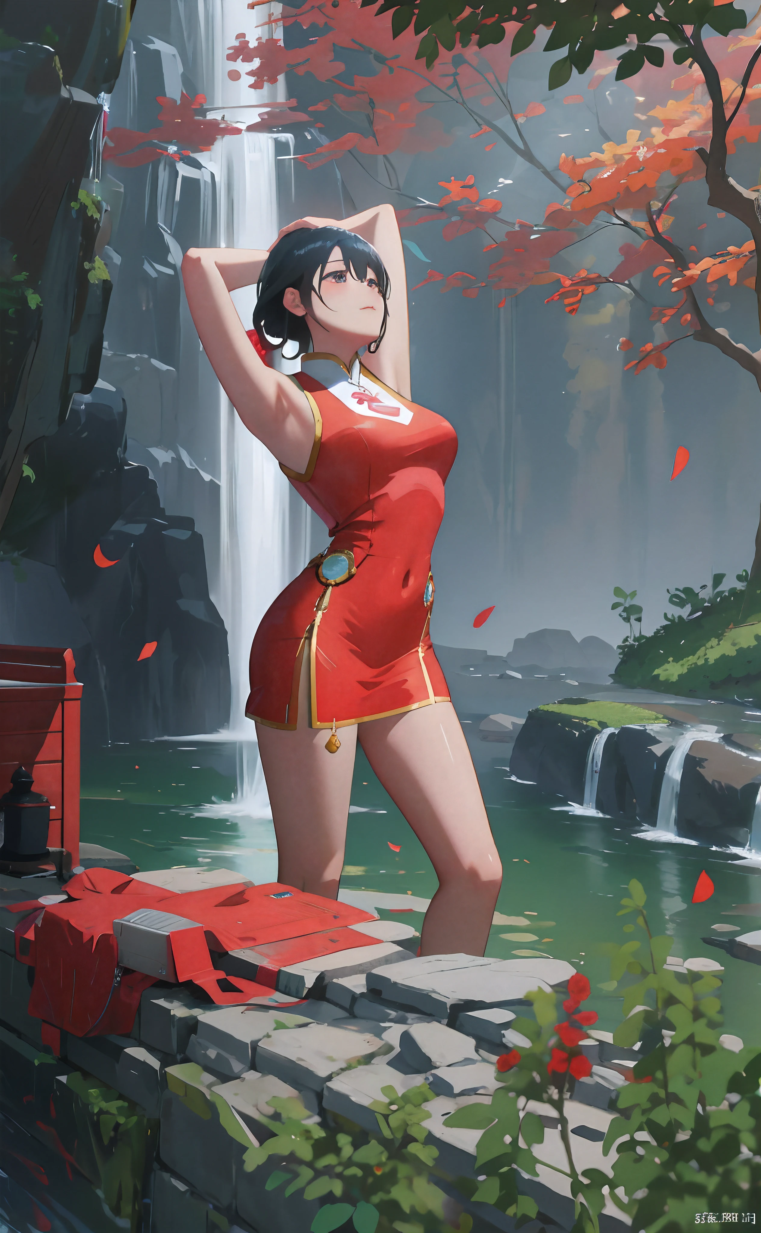 Anime girl in red dress standing on a rock near a waterfall, G Liulian art style, Kushatt Krenz Key Art Women, Artgerm and Atey Ghailan, trending on cgstation, Inspired by Fenghua Zhong, By Li Song, alena aenami and artgerm, Guviz, Artgerm and Ruan Jia