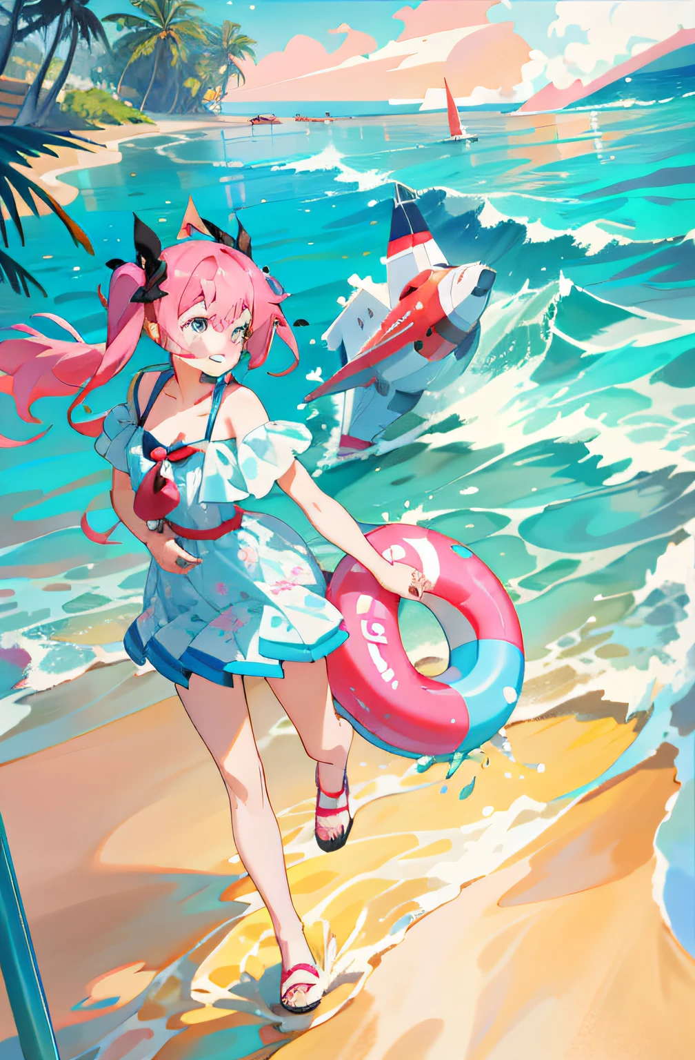 Anime girl walking on beach with life buoy, Splash art anime Loli, In the sea, Have by the sea, macross delta splash art, Anime girl walking on water, in the beach, on the ocean water, In the ocean, wallpaper anime blue water, pink twintail hair and cyan eyes, Loli, zerochan art, in beach
