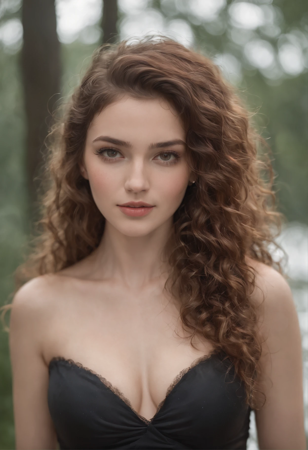 Full body portrait of a charming girl with curly hair, petite figure, medium buxom, wet clothes, sweating, cleavage, water falling on her buxom, very long hair, disheveled hair, beautiful face, exotic makeup, captivating hazel eyes, and big bust size, showcasing her natural beauty.