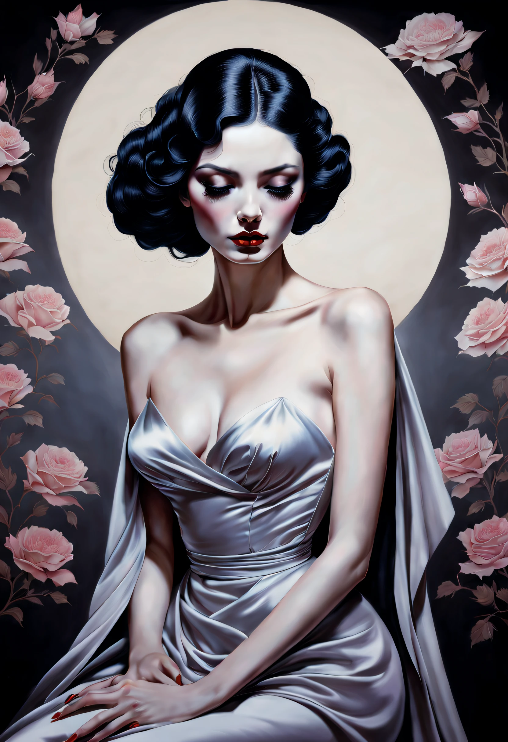 chiaroscuro technique on sensual illustration of an elegant woman, vintage queen, eerie, matte painting, by Hannah Dale, by Harumi Hironaka, extremely soft colors, hint of vibrant, highly detailed, digital artwork, high contrast, dramatic, refined, tonal, highest quality,anatomy correct,ultra-wide-angle,depth of fields
